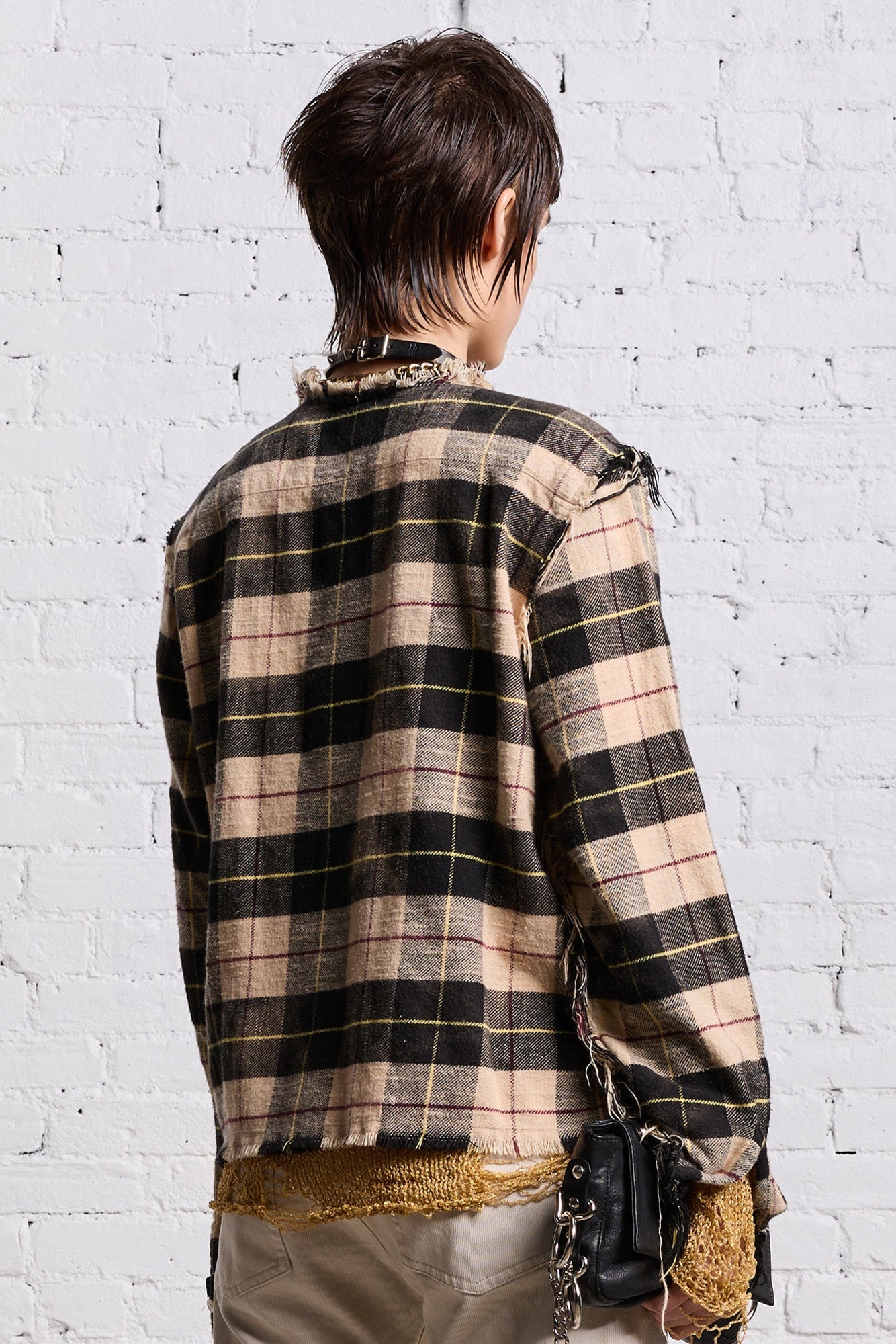 SHREDDED CREWNECK SHIRT - BLEACHED BEIGE PLAID - 6