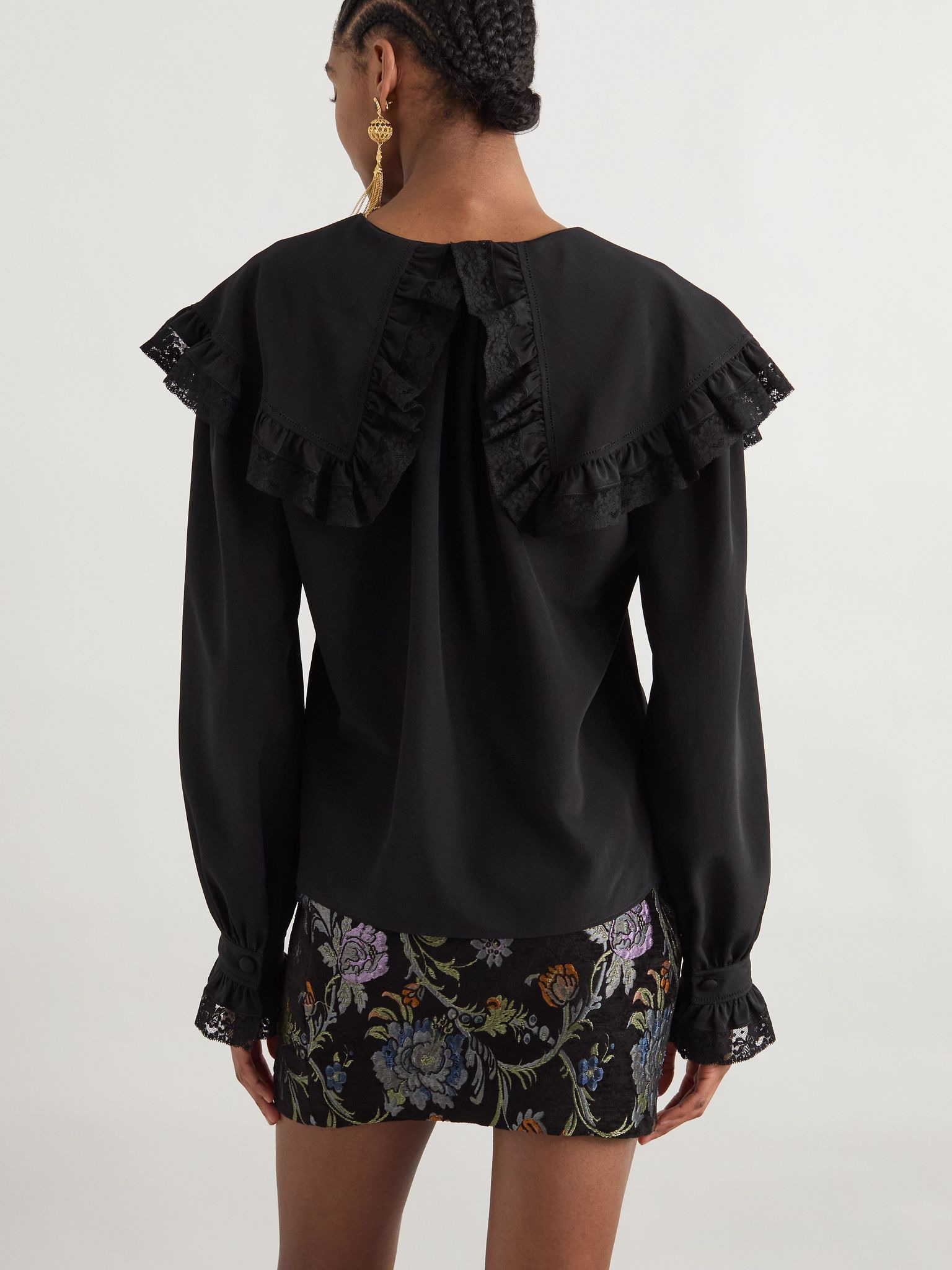 Lace-trimmed organic silk blouse Black - 4