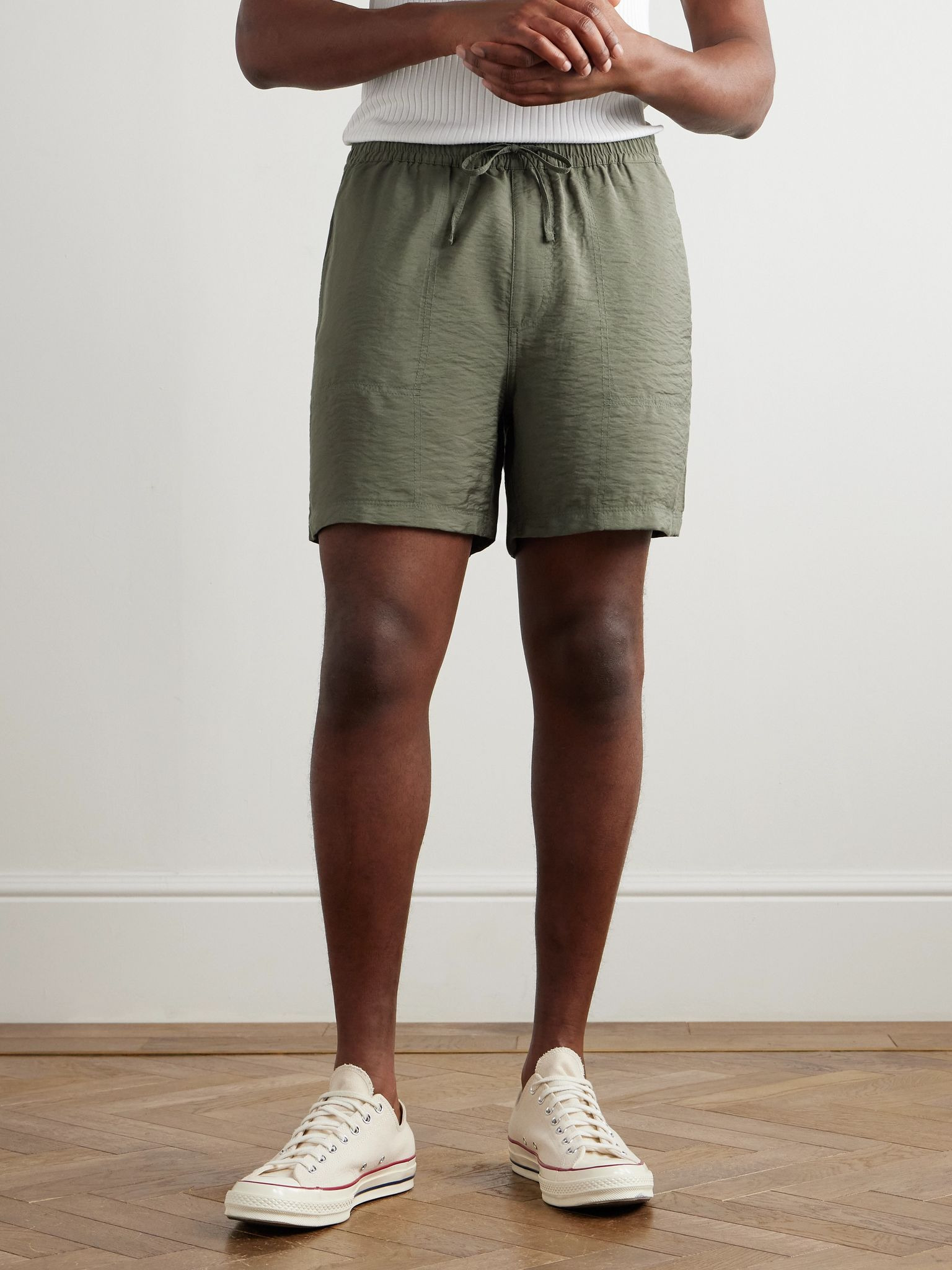 Ryder 5971 Straight-Leg Crinkled TENCEL™ Modal-Blend Drawstring Shorts Green - 3