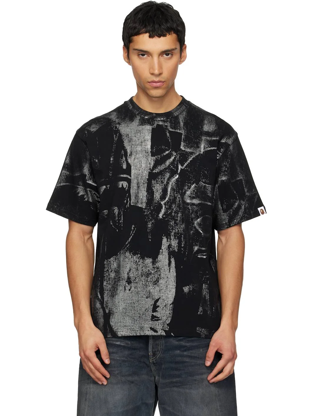 Black Metallic Coated Overall Print T-shirt - 1
