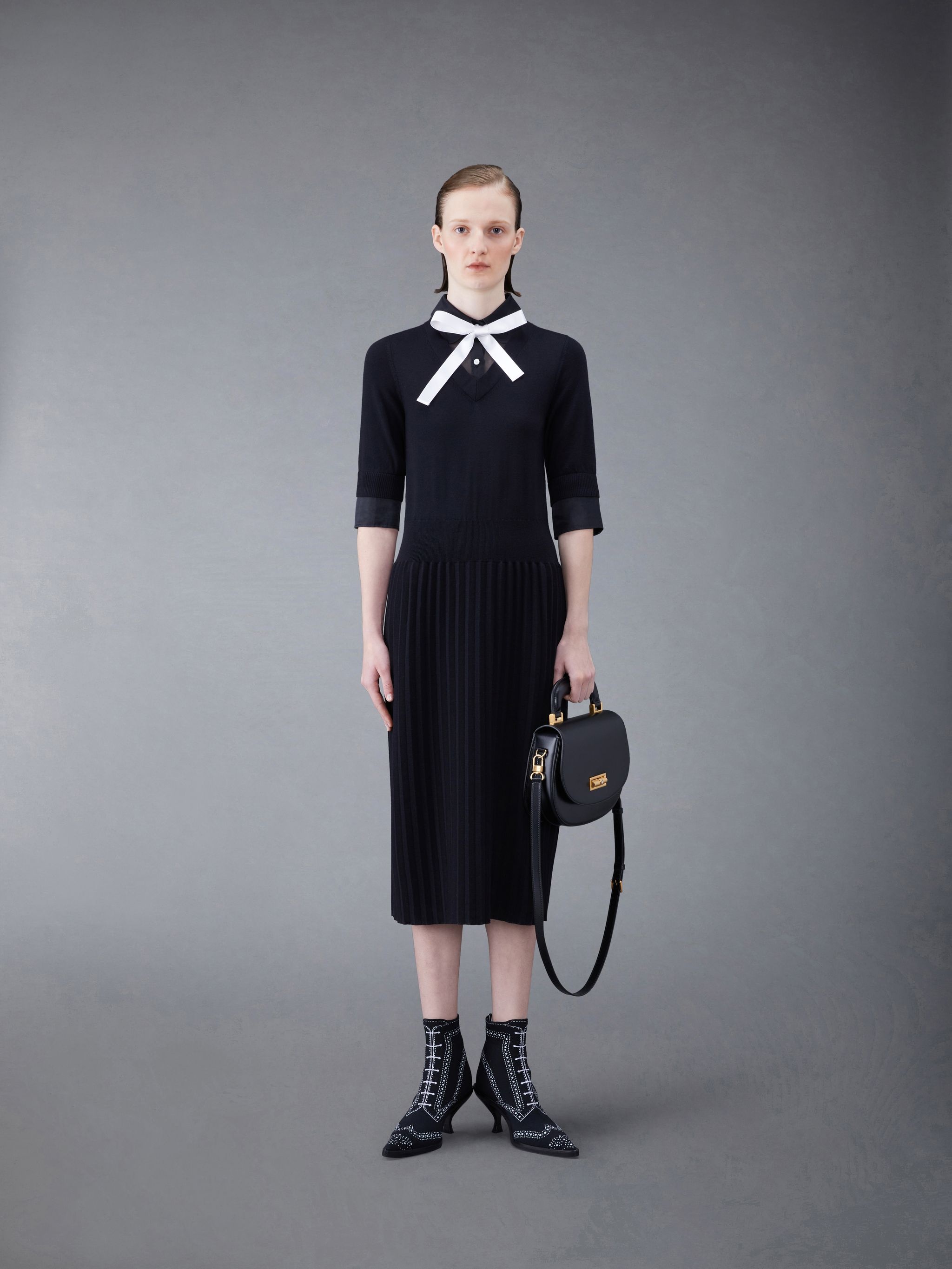 Wool Jersey Organza Pleated Bottom Ribbon Tie Combo Shirtdress - 4