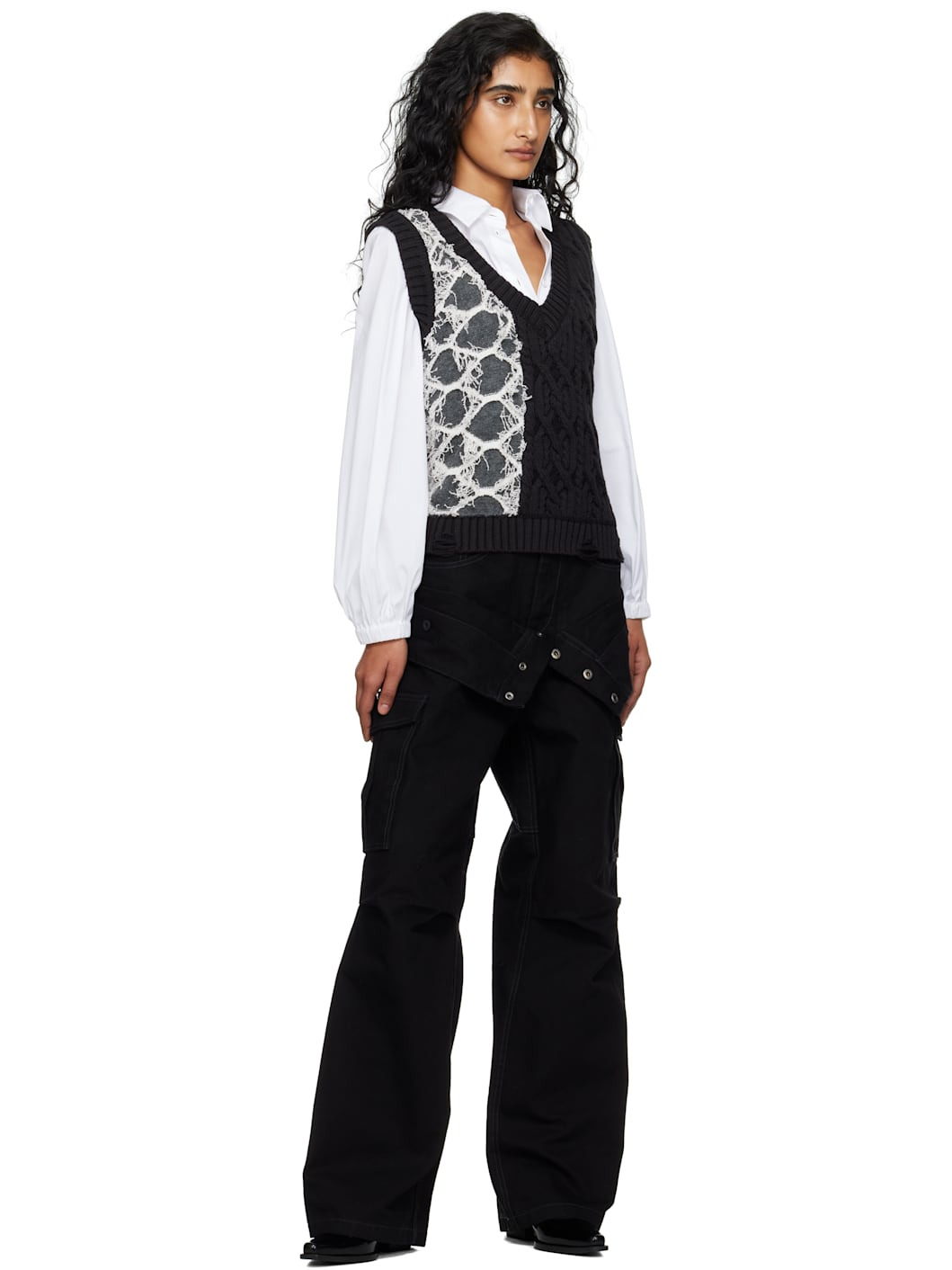 Black Double Waist Work Wide-Leg Cargo Pants - 4