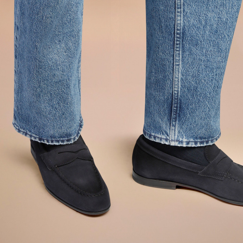 Santoni Men’s blue suede penny loafer outlook