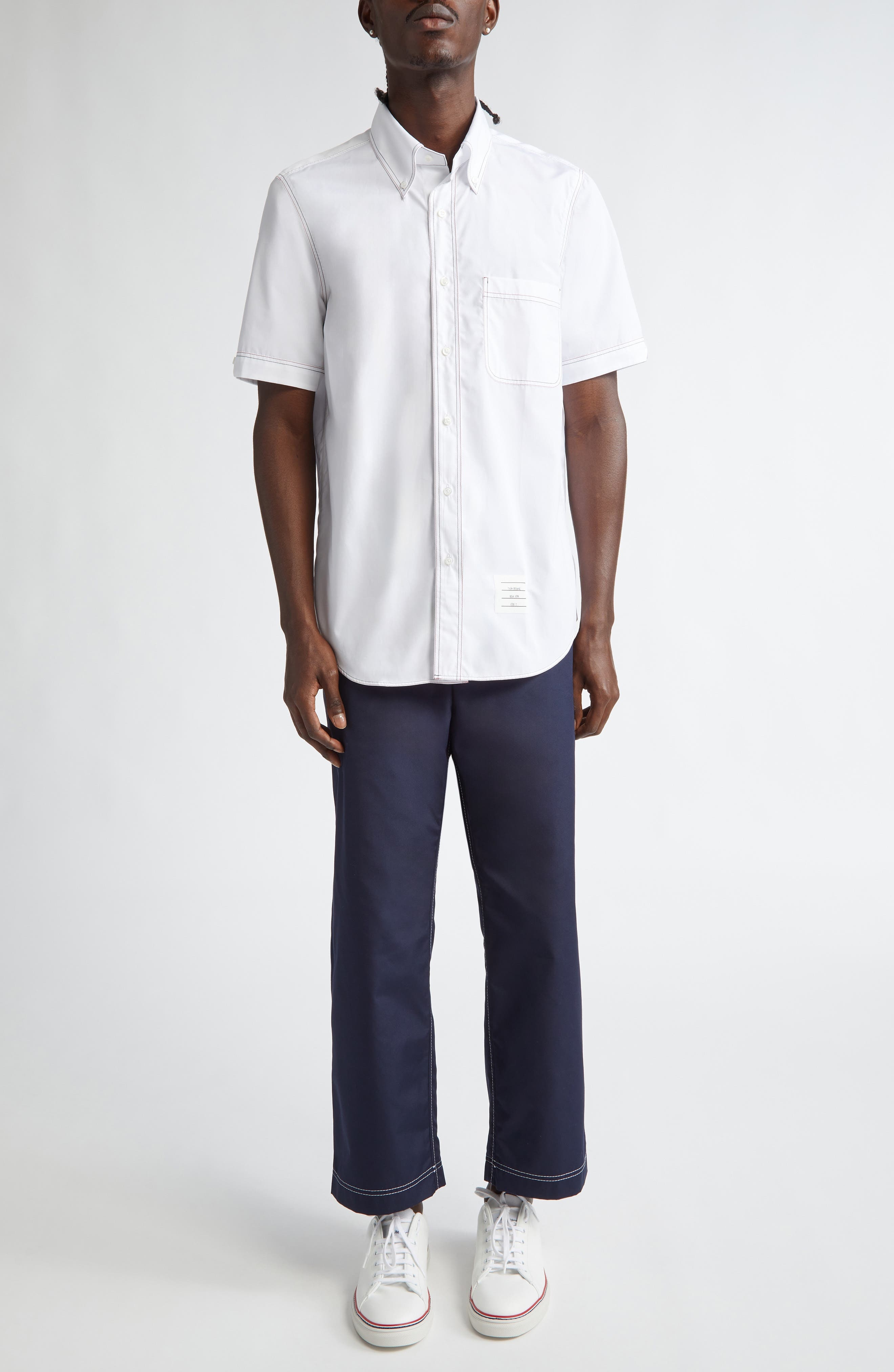 Thom Browne Straight Fit Short Sleeve Cotton Poplin Button-Down Shirt in White at Nordstrom - 2