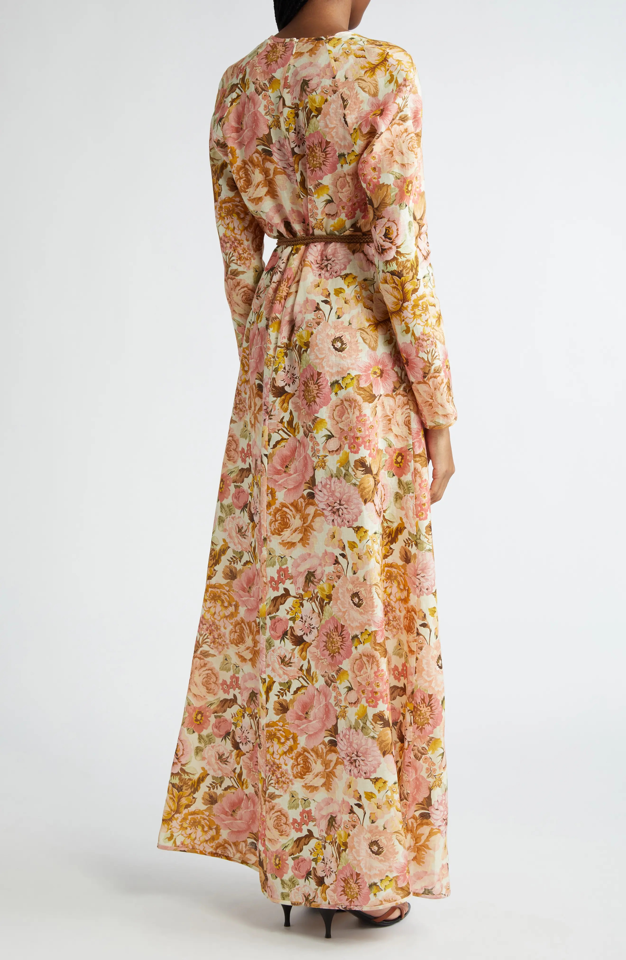 Golden Floral Print Long Sleeve Linen Maxi Dress - 2