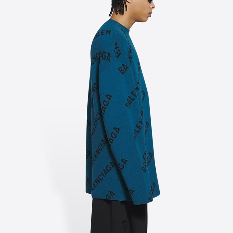 Balenciaga All Over Logo Crewneck Wool Knit Sweater 'Petrol Blue' 657400T15672470 - 6