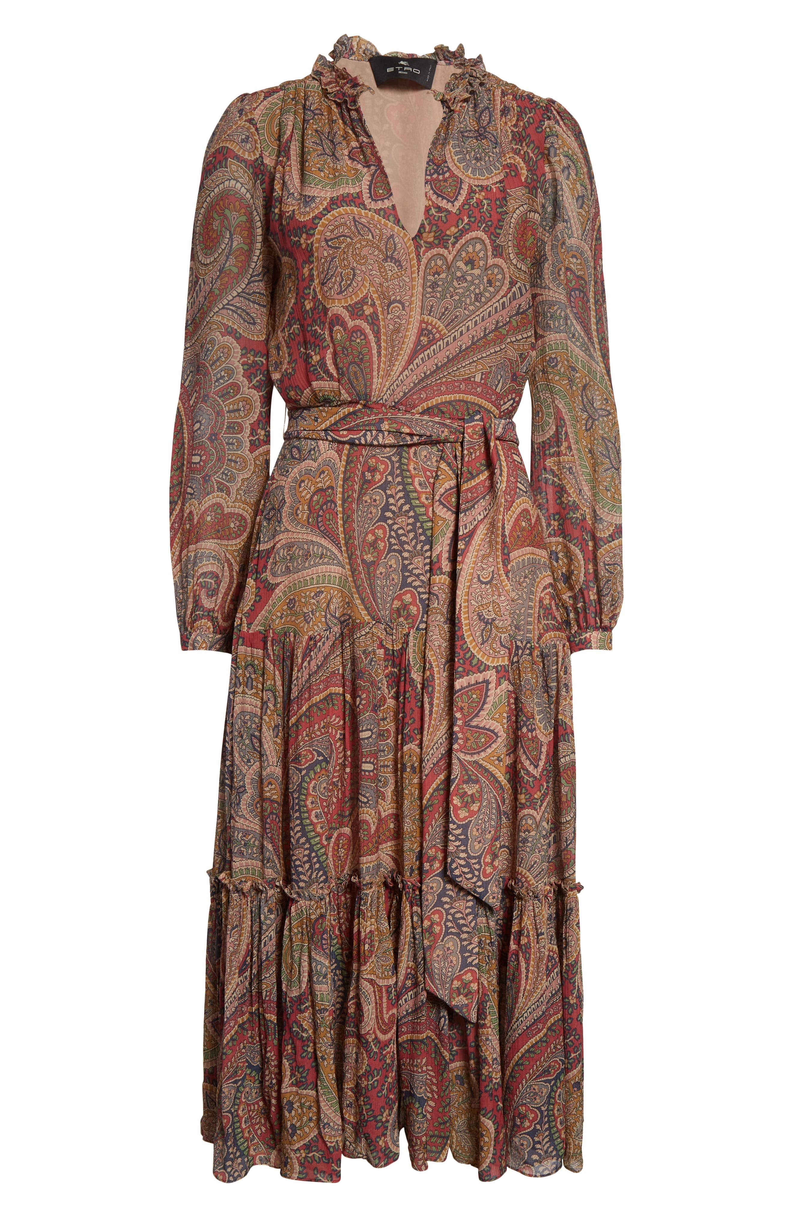 Etro Paisley Print Long Sleeve Belted Crepon Midi Dress in Bordeaux at Nordstrom - 5