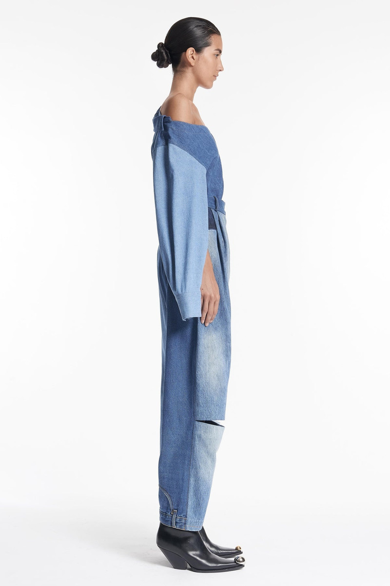 OFF SHOULDER UPCYCLED DENIM TOP BLUE DENIM 2