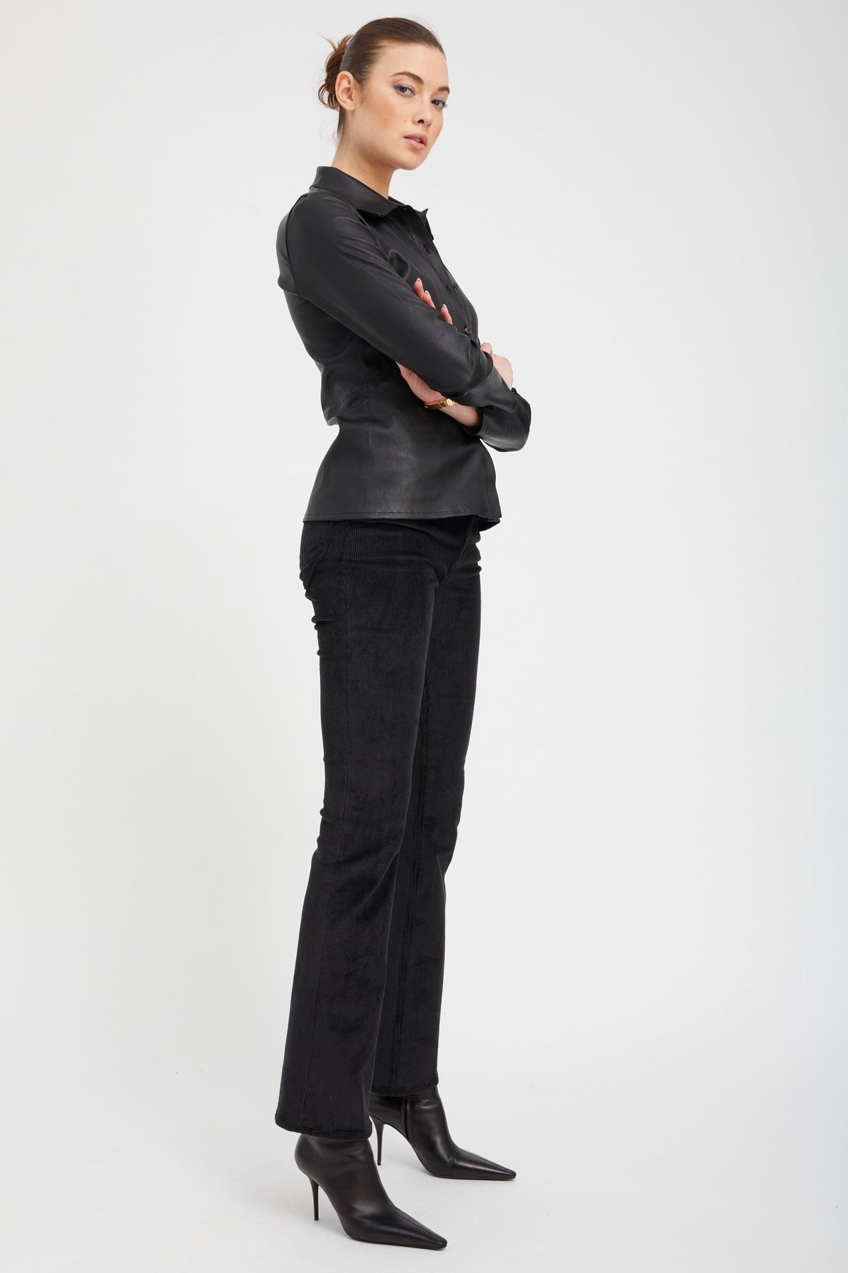 BLACK LEATHER FITTED BUTTON DOWN - 4