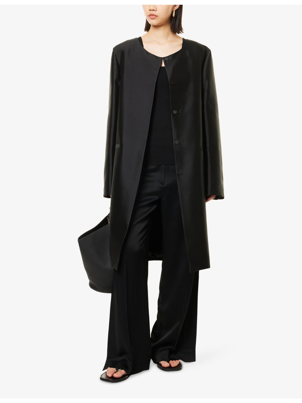 Collarless Tailored Long Silk Coat - 2