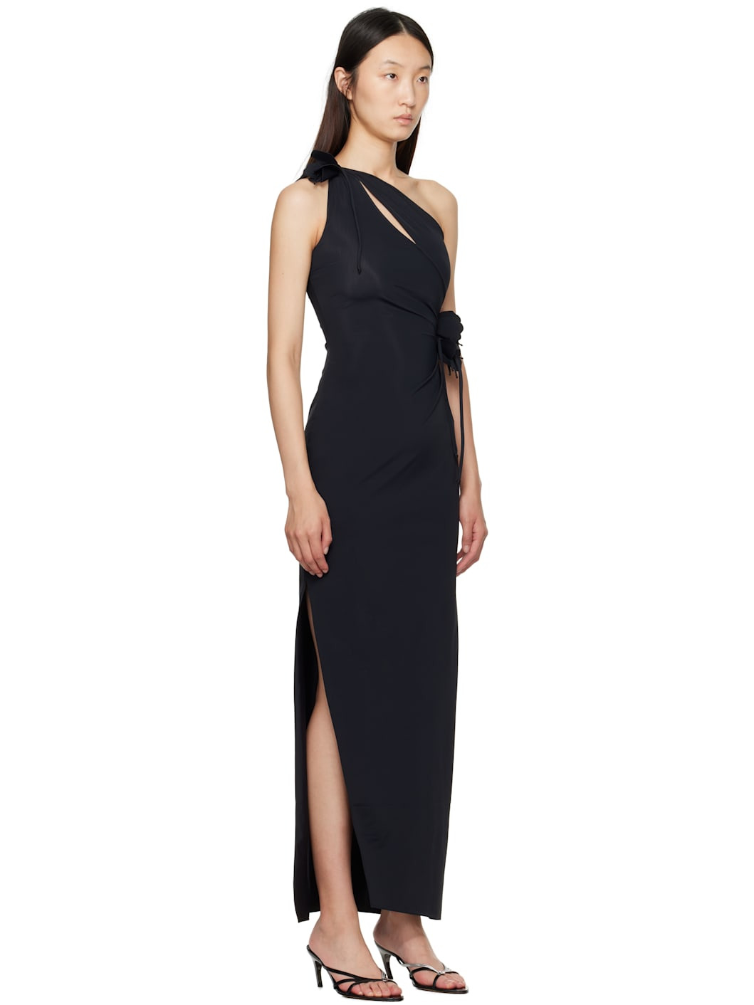 Black Asymmetric Flower Maxi Dress - 2