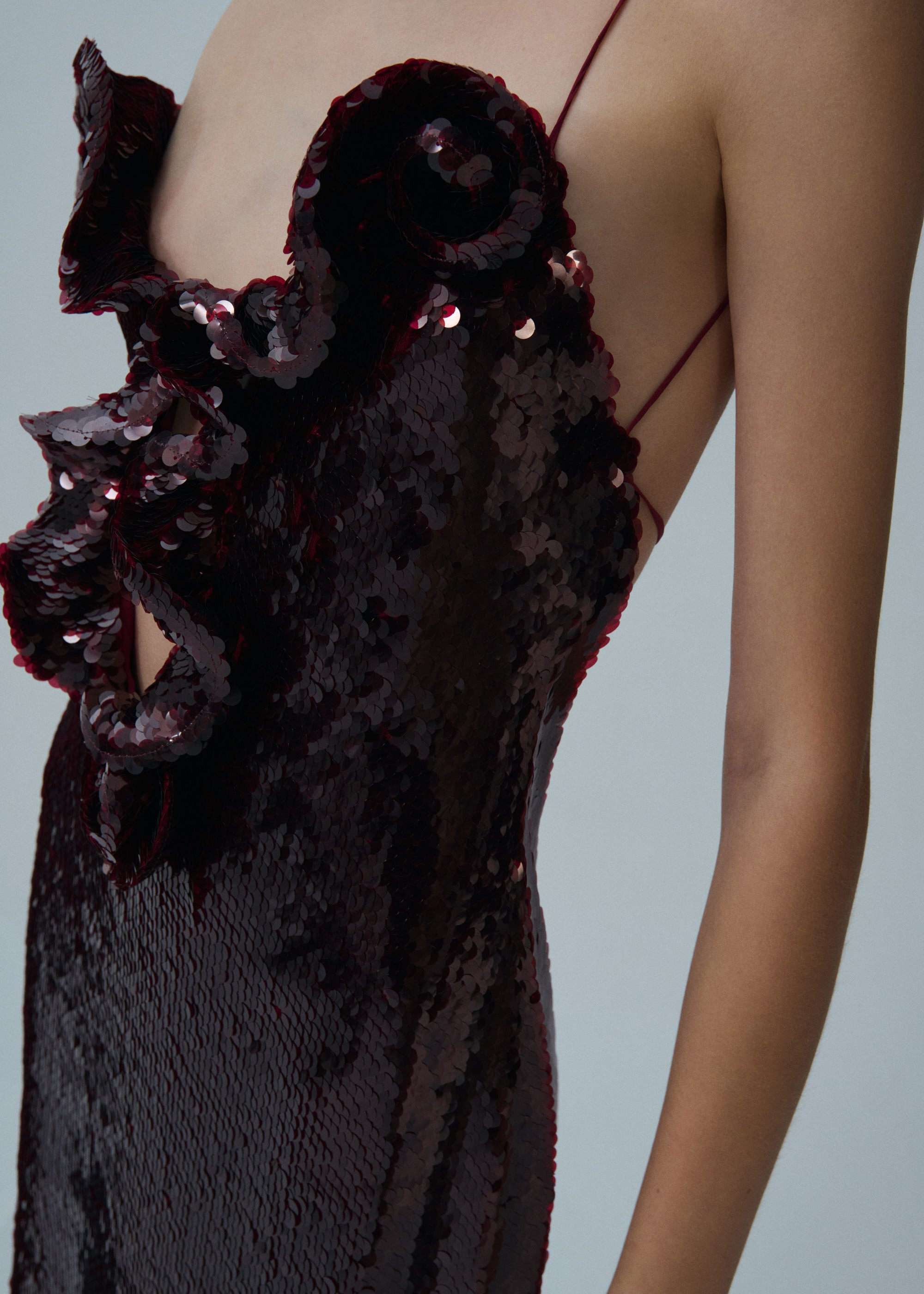 Ruffle applique sequin gown in bordeaux - 5