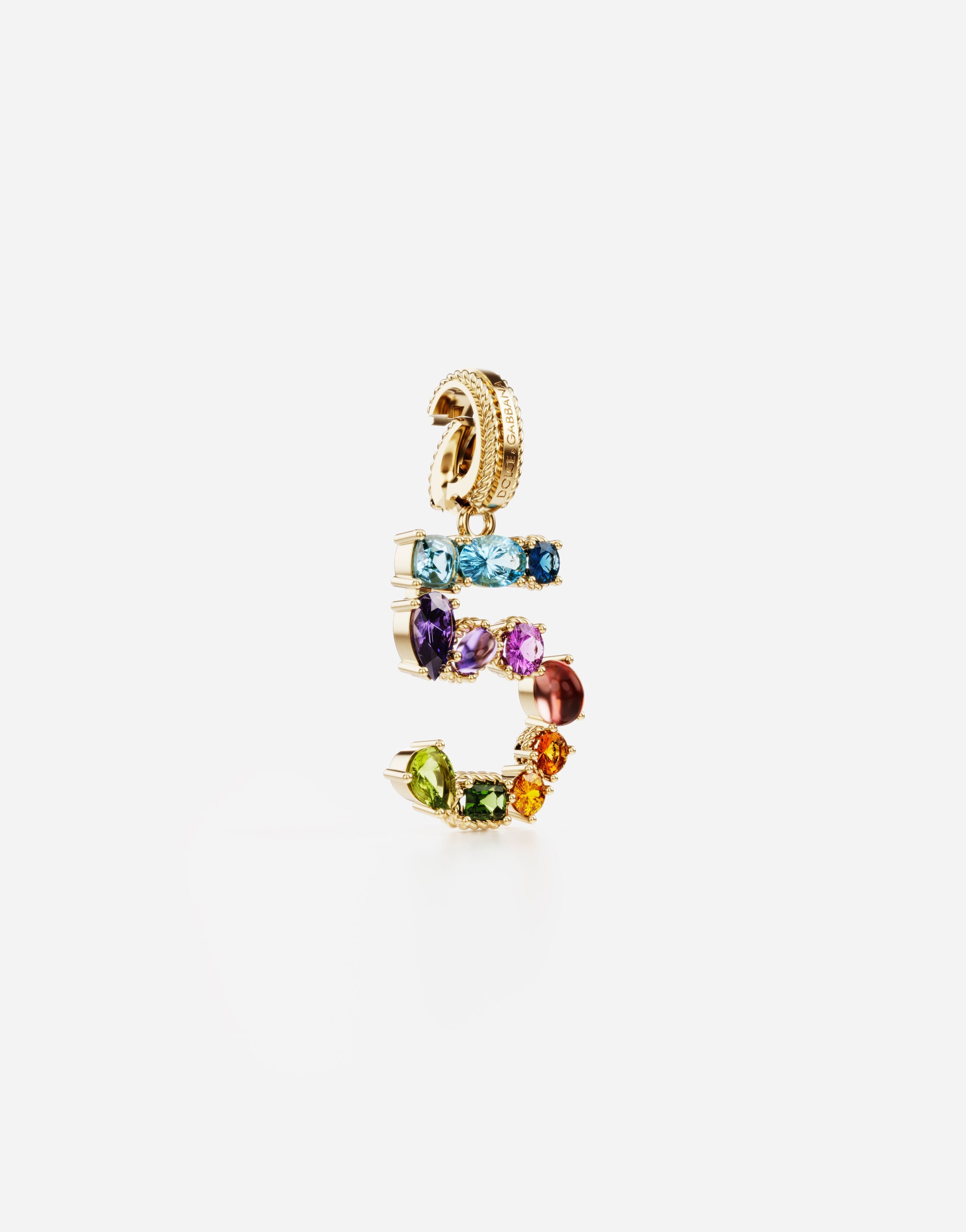 18 kt yellow gold rainbow pendant  with multicolor finegemstones representing number 5 - 2