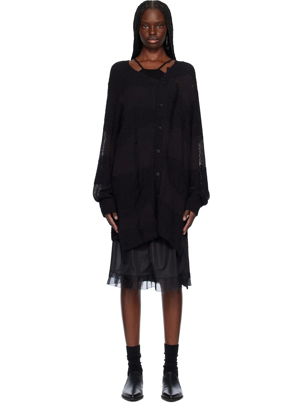 Black 5G Randome Damage Processed Cardigan - 1