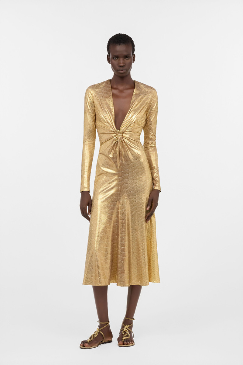 Roberto Cavalli Beige Gold Midi Dress with Scale Print outlook