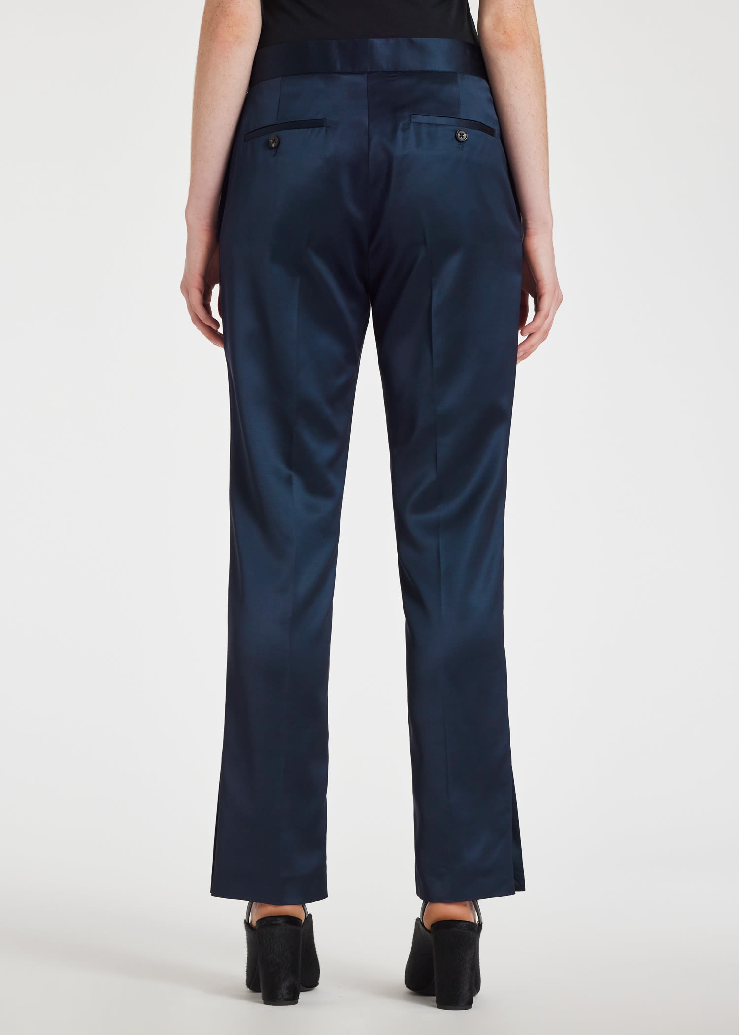 Navy Satin Kick Flare Trousers - 4