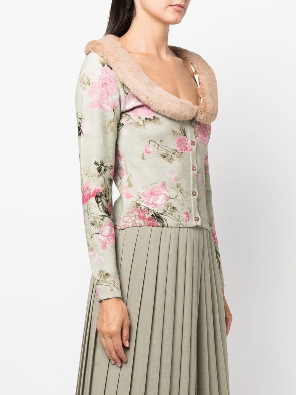 floral-print fur-trim cardigan - 3