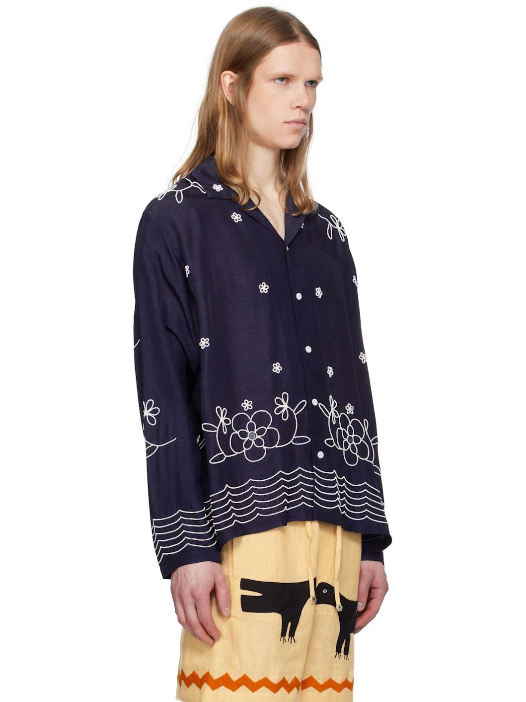 Navy Bead Embroidered Shirt - 4