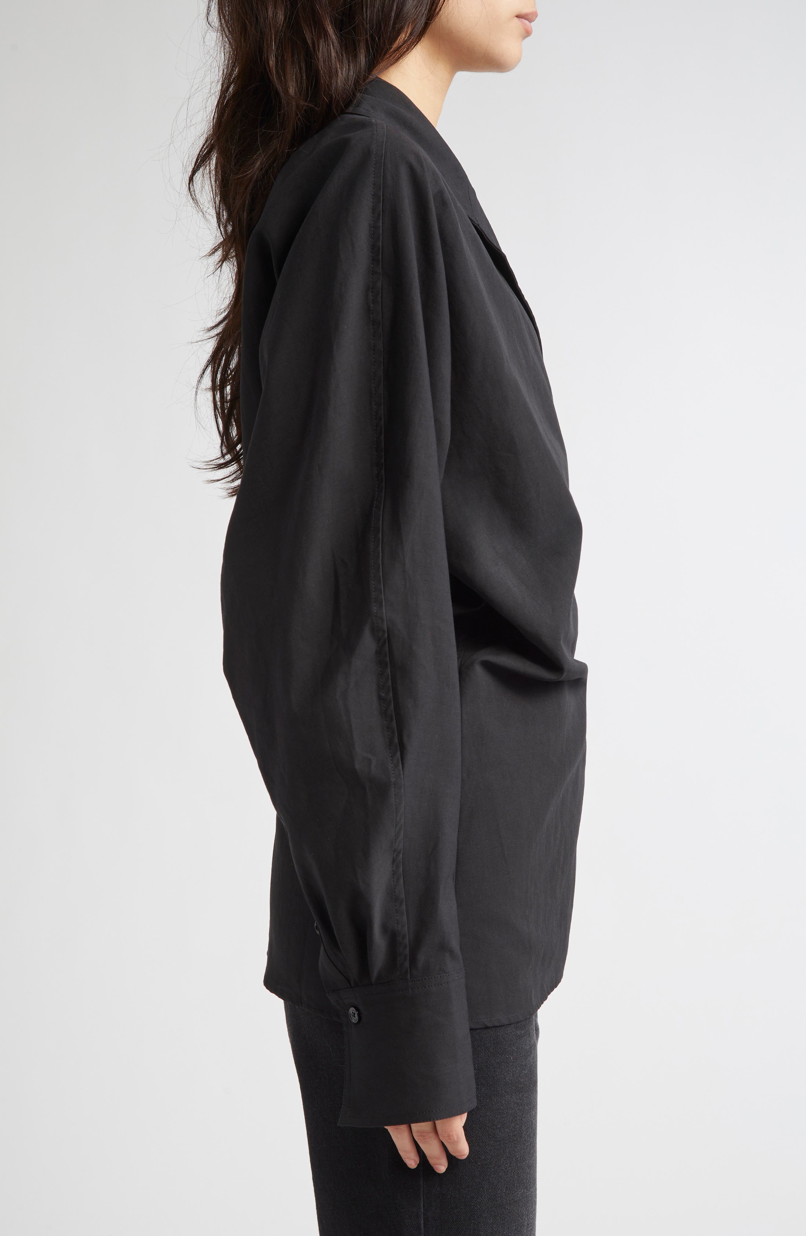 TOTEME Long Sleeve Organic Cotton & Linen Wrap Top in Black at Nordstrom - 4