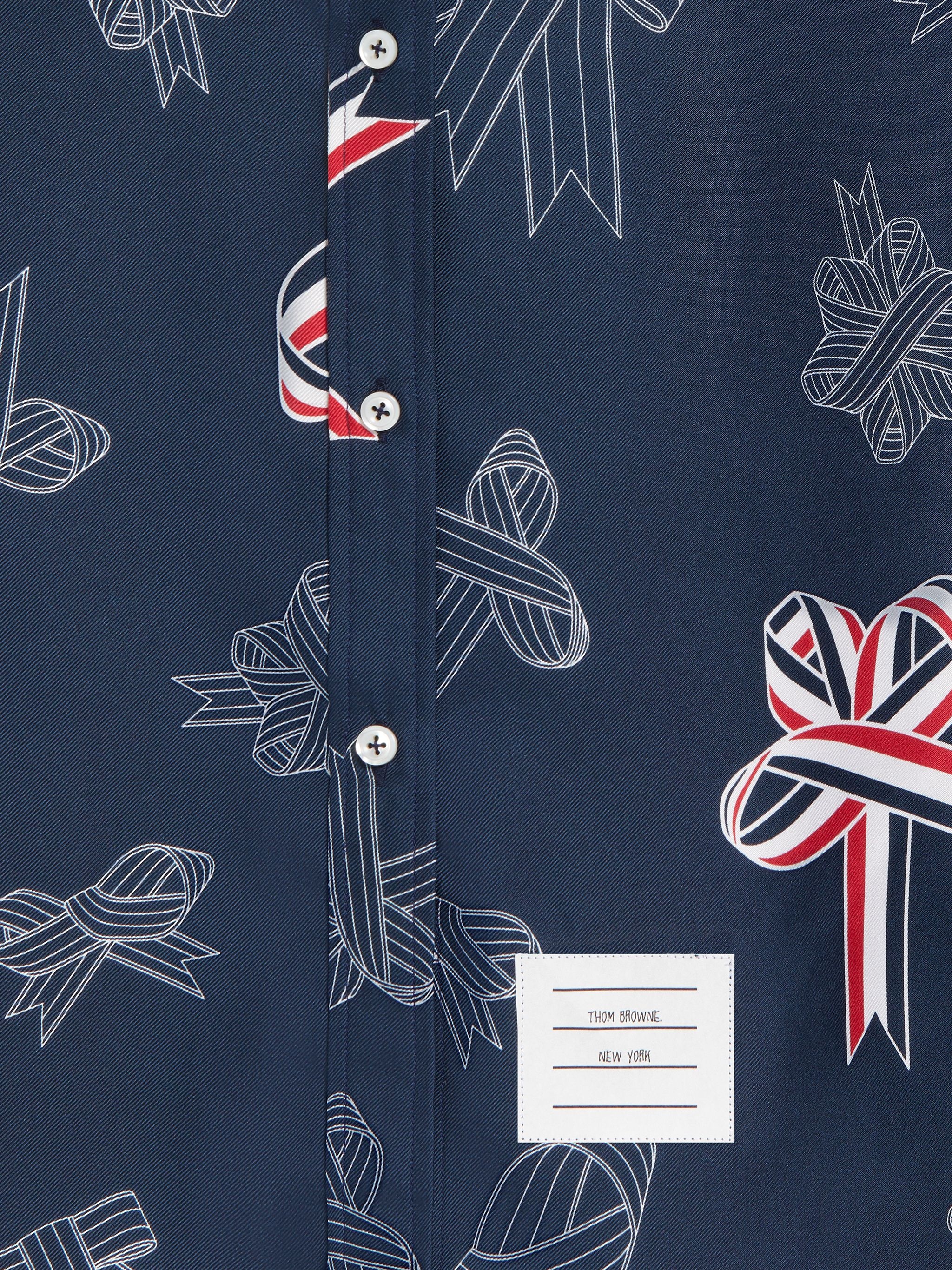 Navy Silk Twill Ribbon Outline Print Classic Below Knee Shirtdress - 5