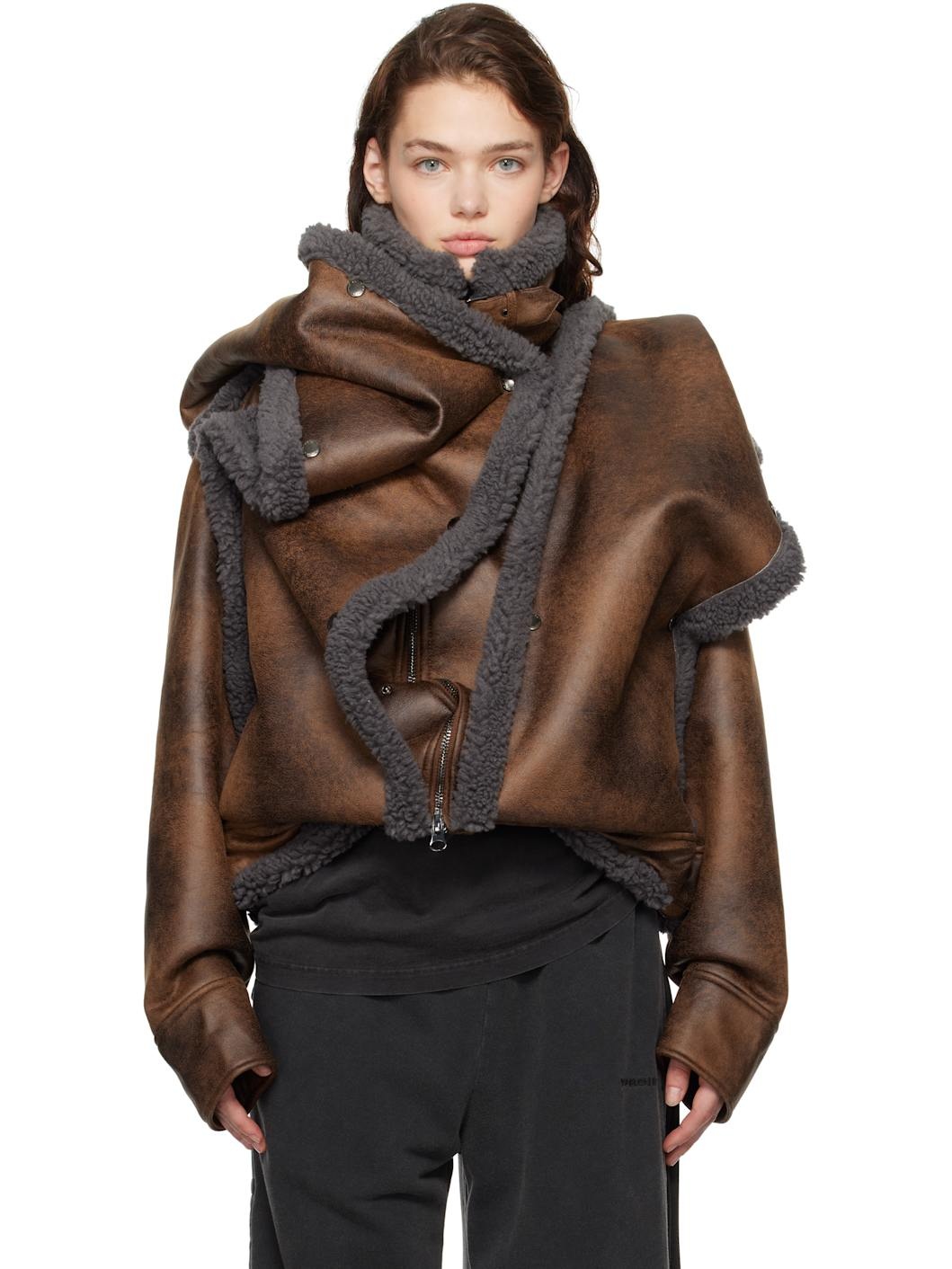 Y/Project Brown Snap Off Panel Hood Aviator Faux-Shearling Jacket | ssense  | REVERSIBLE