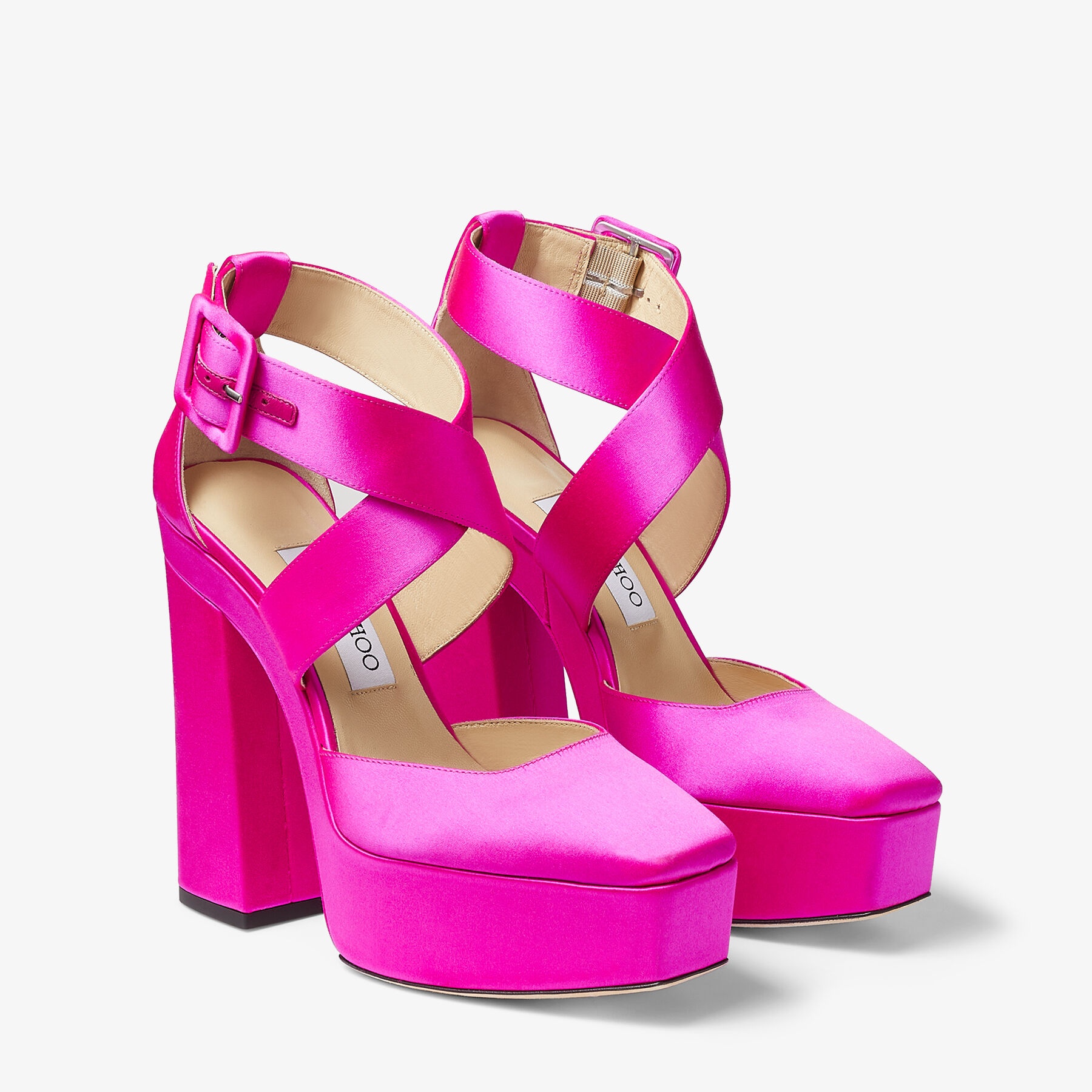 PINK SATIN WEDGE PLATFORM STRAPPY HEEL