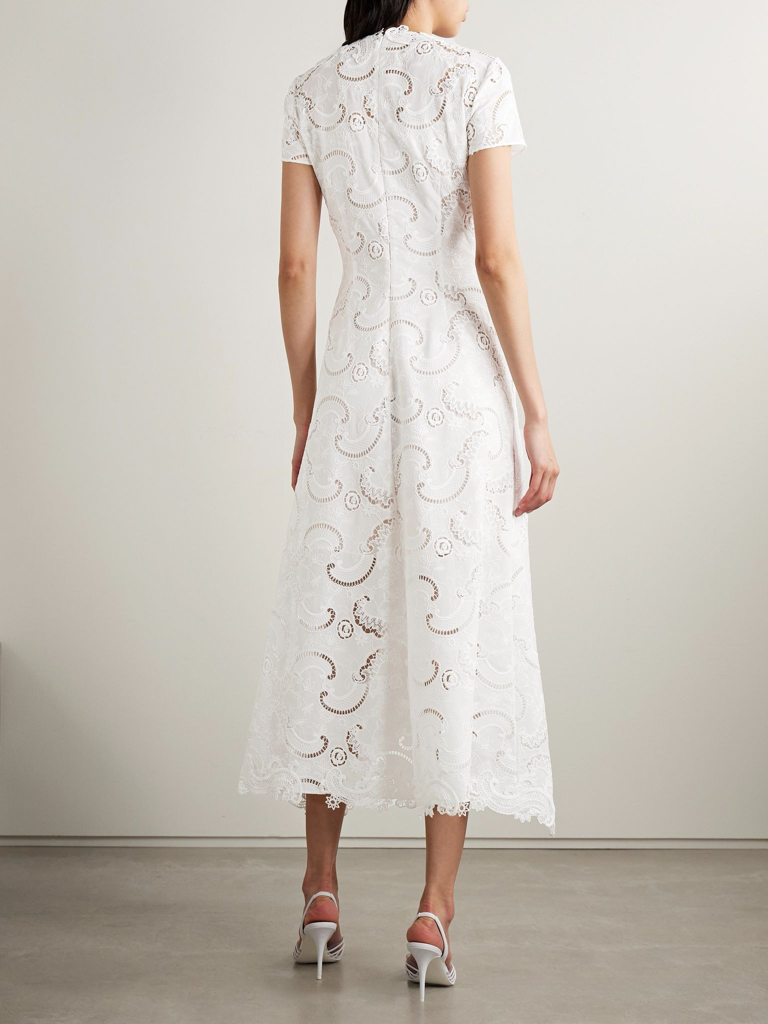 Scroll asymmetric guipure lace midi dress White - 3