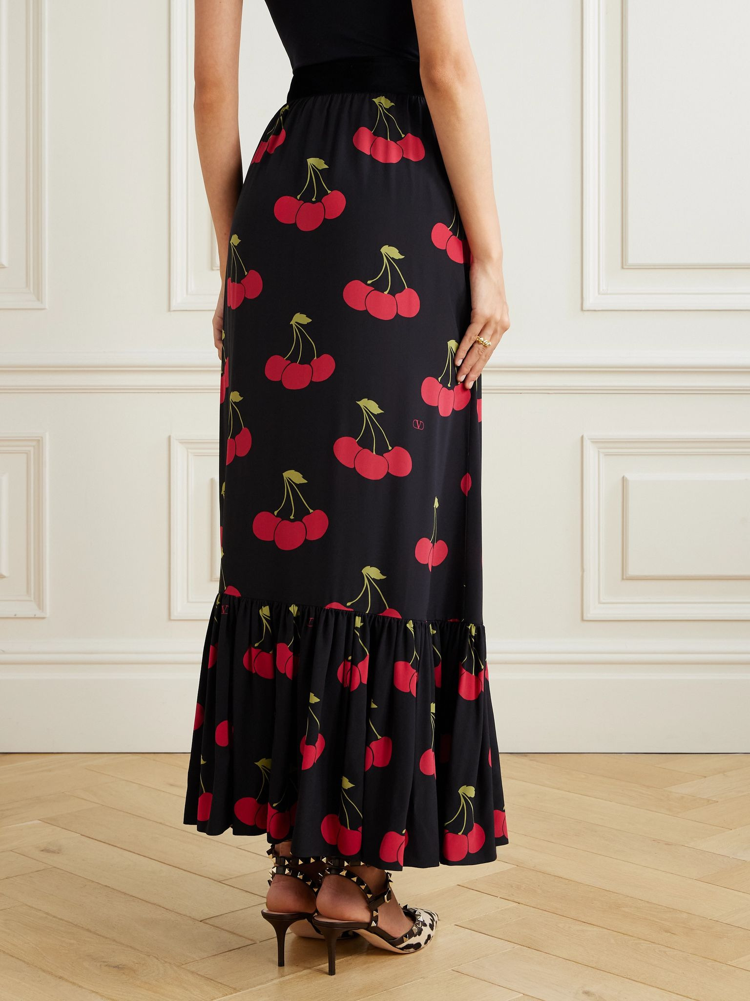Ruched velvet-trimmed printed silk-crepe maxi skirt Black - 4