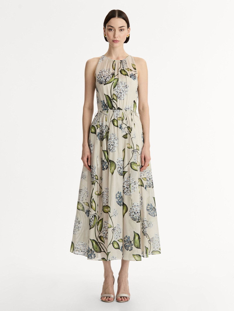 Oscar de la Renta PORCELAIN FLOWER COTTON POPLIN PLEATED DRESS outlook