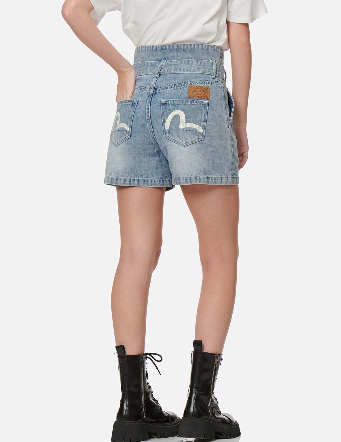SEAGULL PRINT PAPER BAG DENIM SHORTS - 3