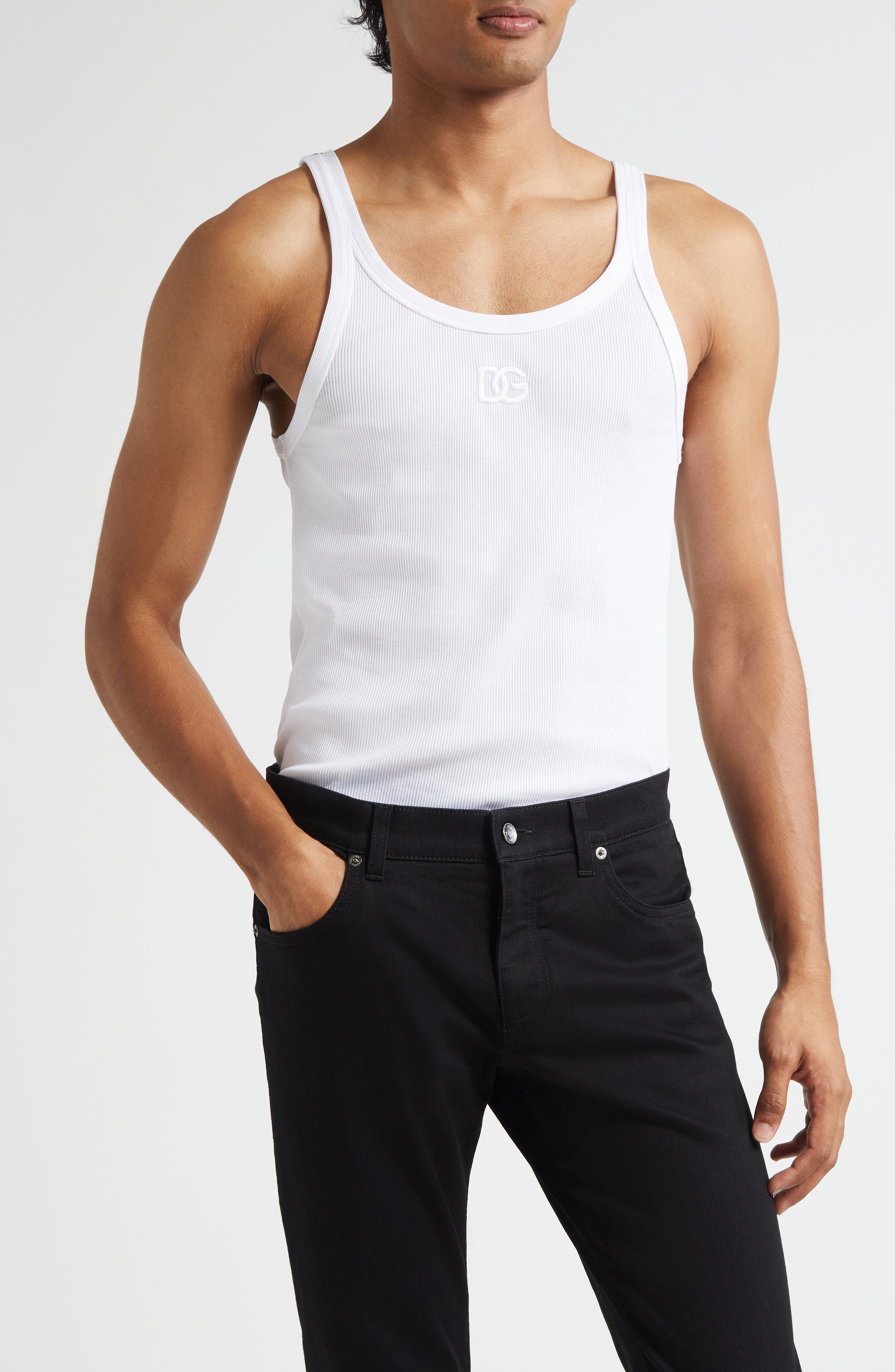Dolce&Gabbana Embroidered Logo Rib Tank in W0800 Bianco Ottico at Nordstrom - 1
