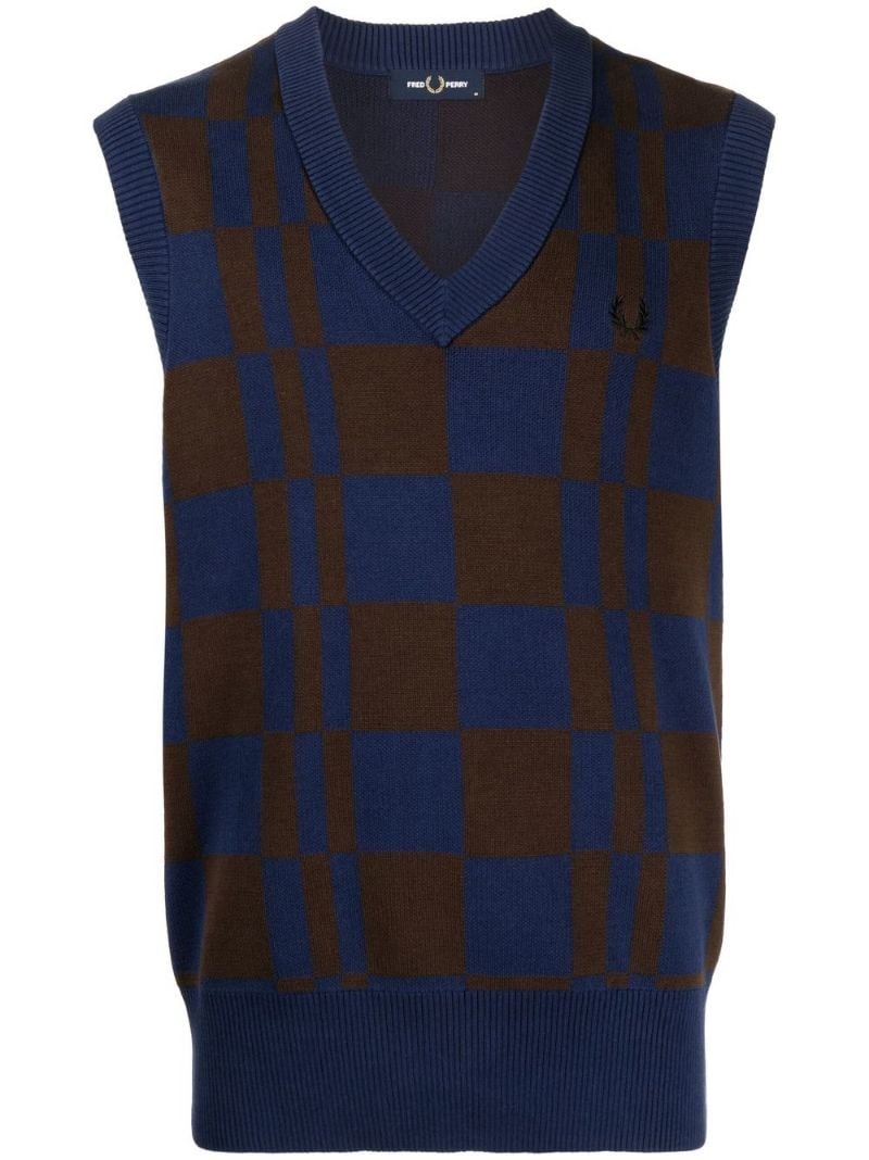 Checkerboard V-neck knitted vest - 1