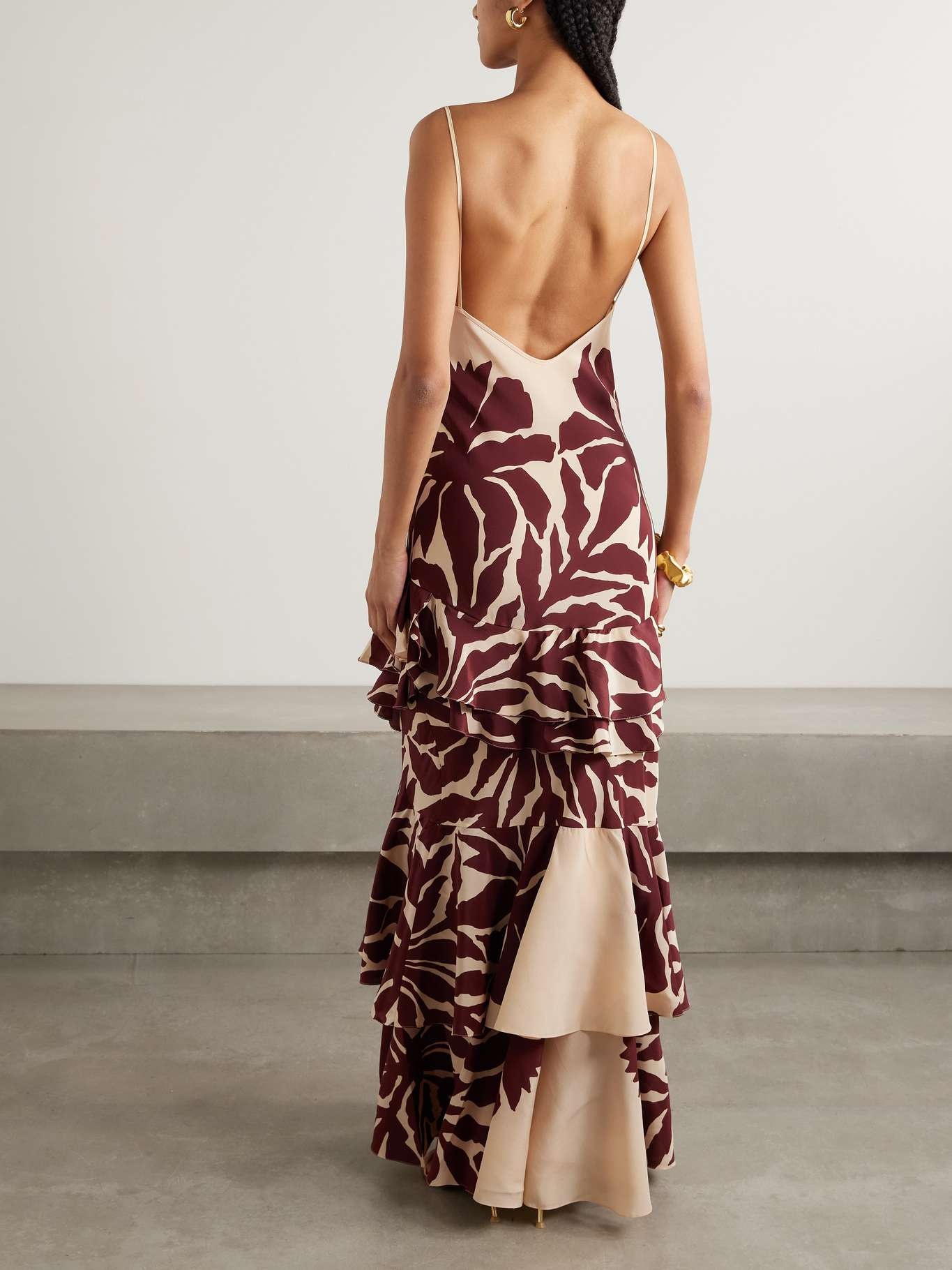Reinterpretation cutout ruffled printed silk crepe de chine maxi dress Peach - 3