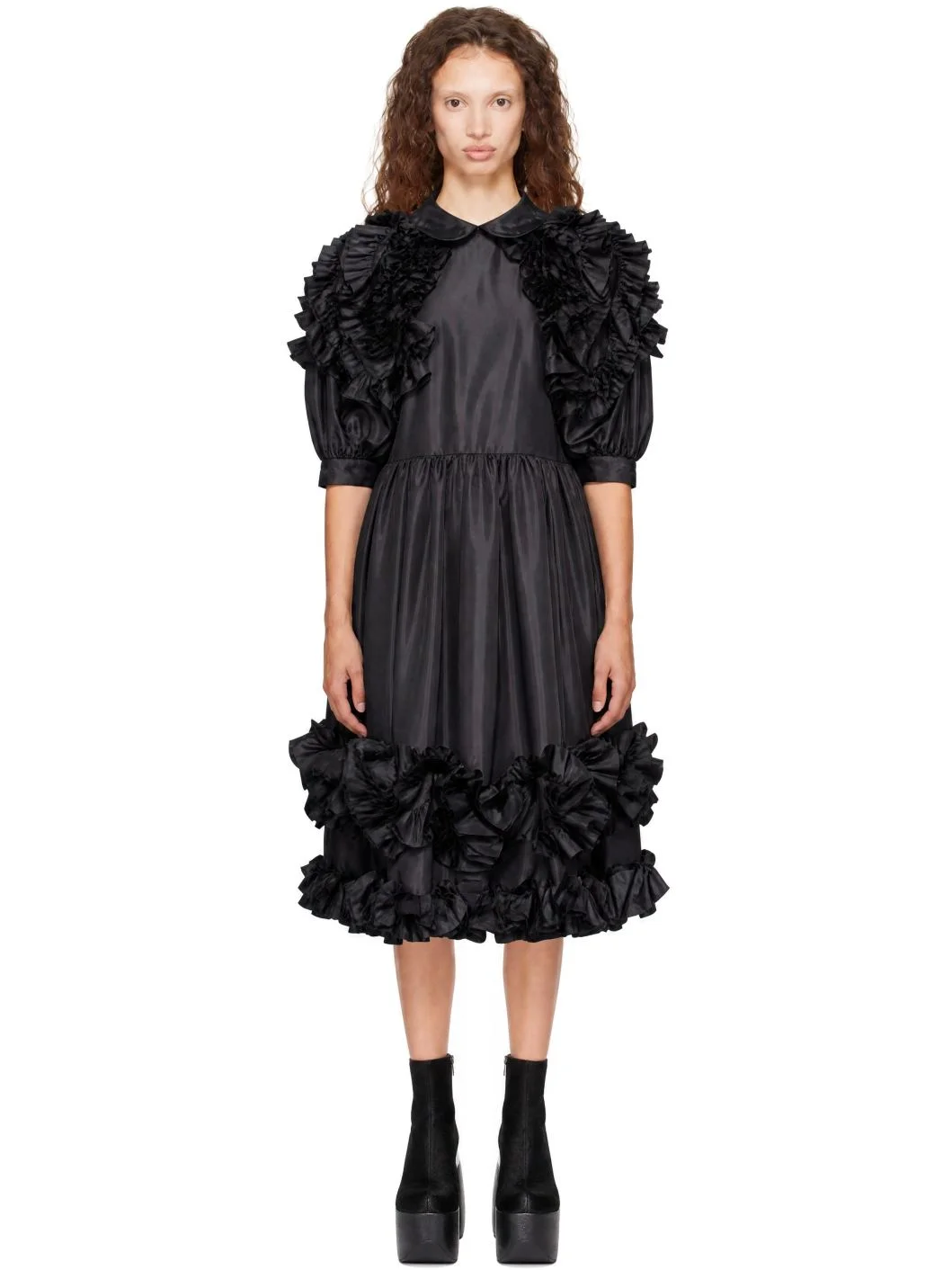 Black Taffeta Garment Washed Midi Dress - 1