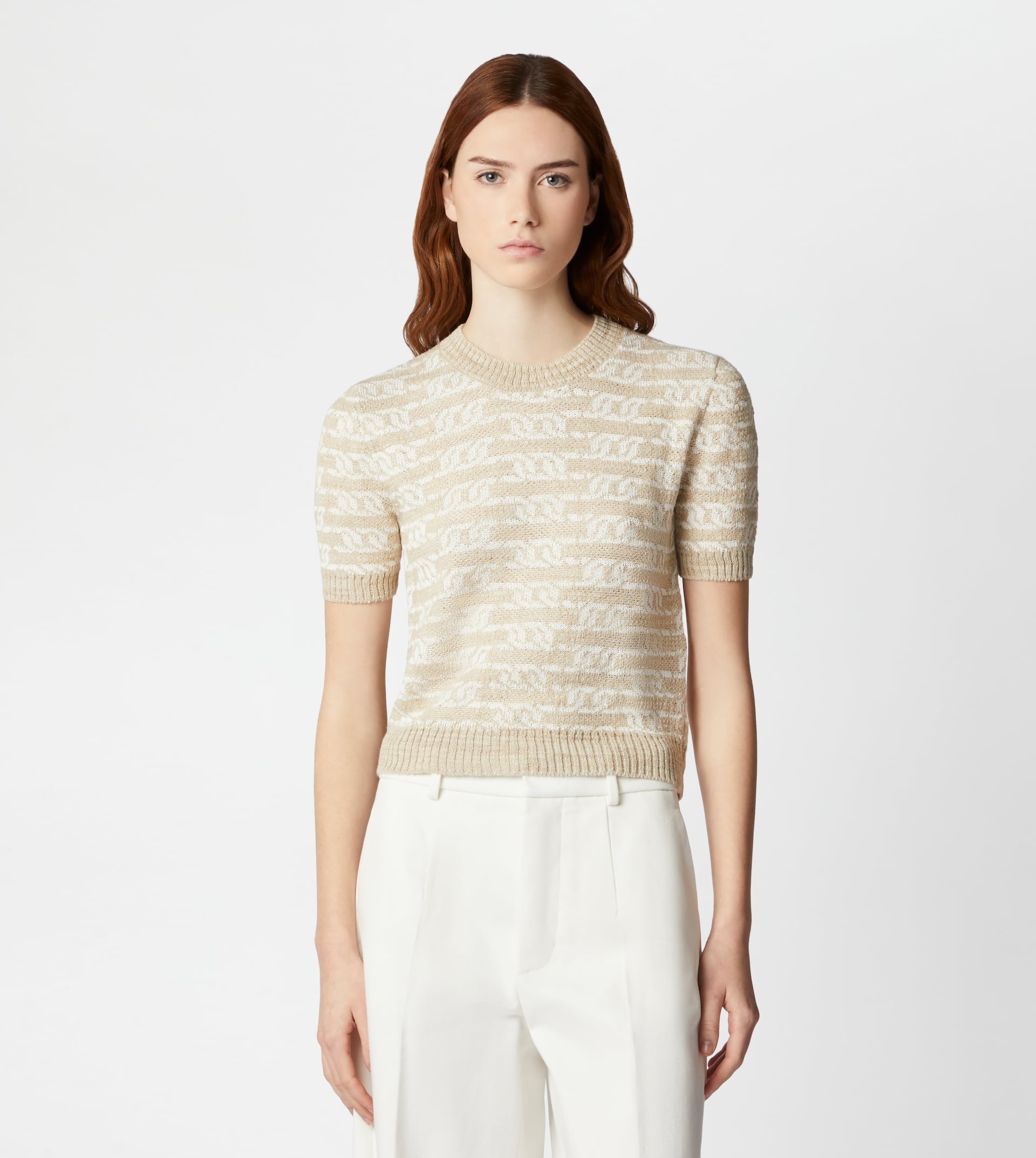 SHORT-SLEEVED LINEN BLEND PULLOVER - BEIGE, WHITE - 7