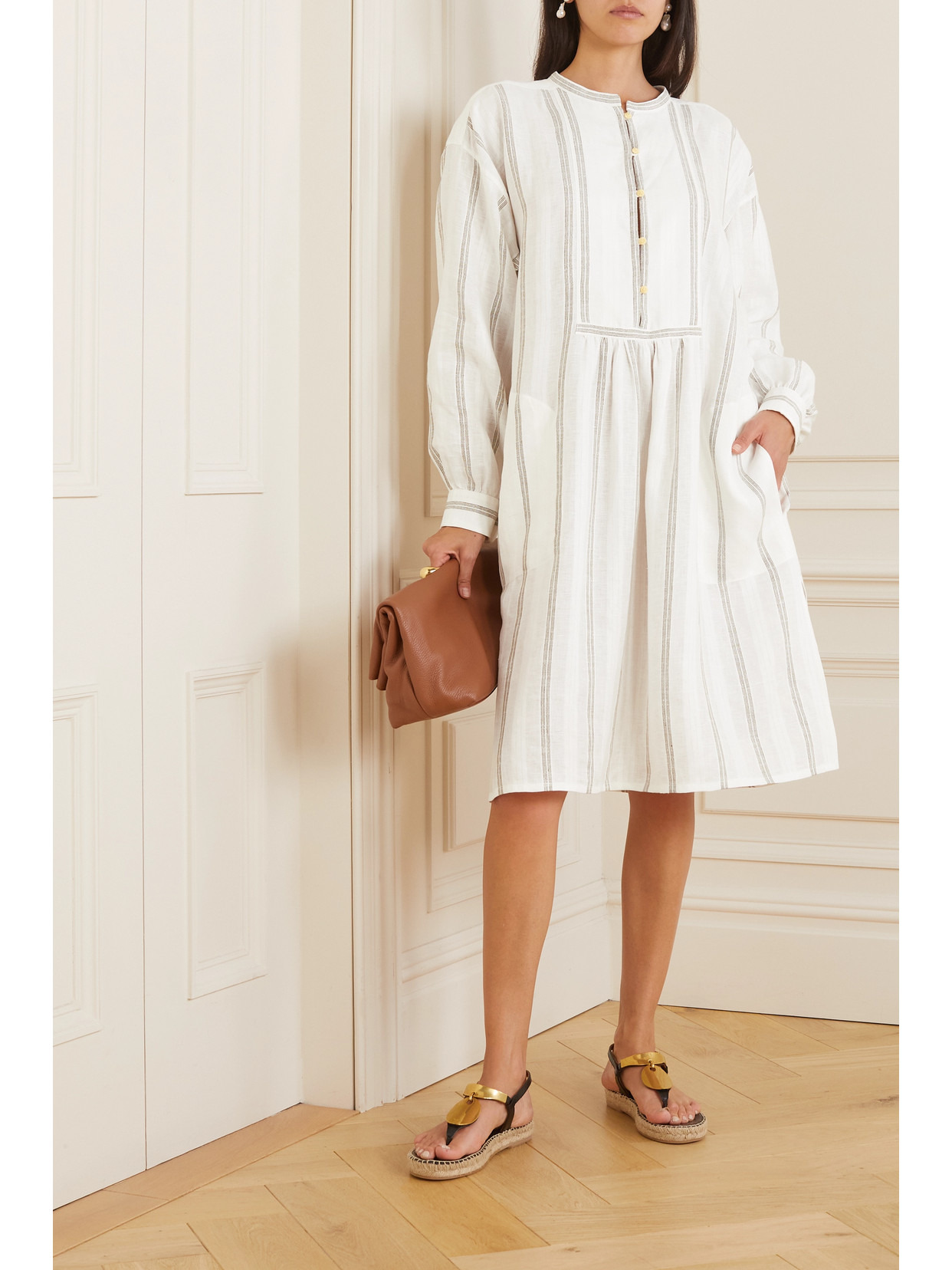 Pleated Striped Linen Midi Dress - 2