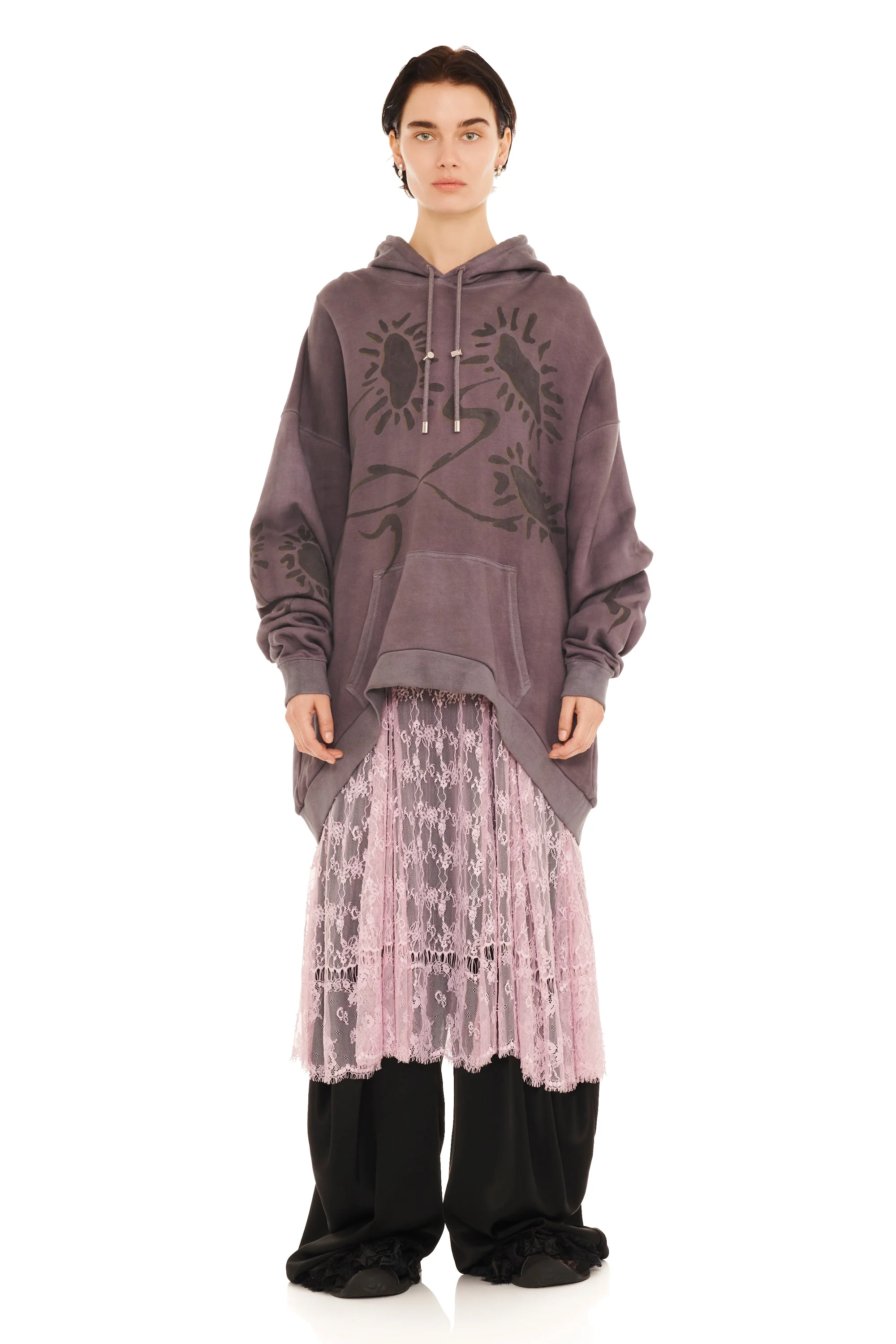 CHARCOAL DAISIES ROUND HEM HOODIE - 1