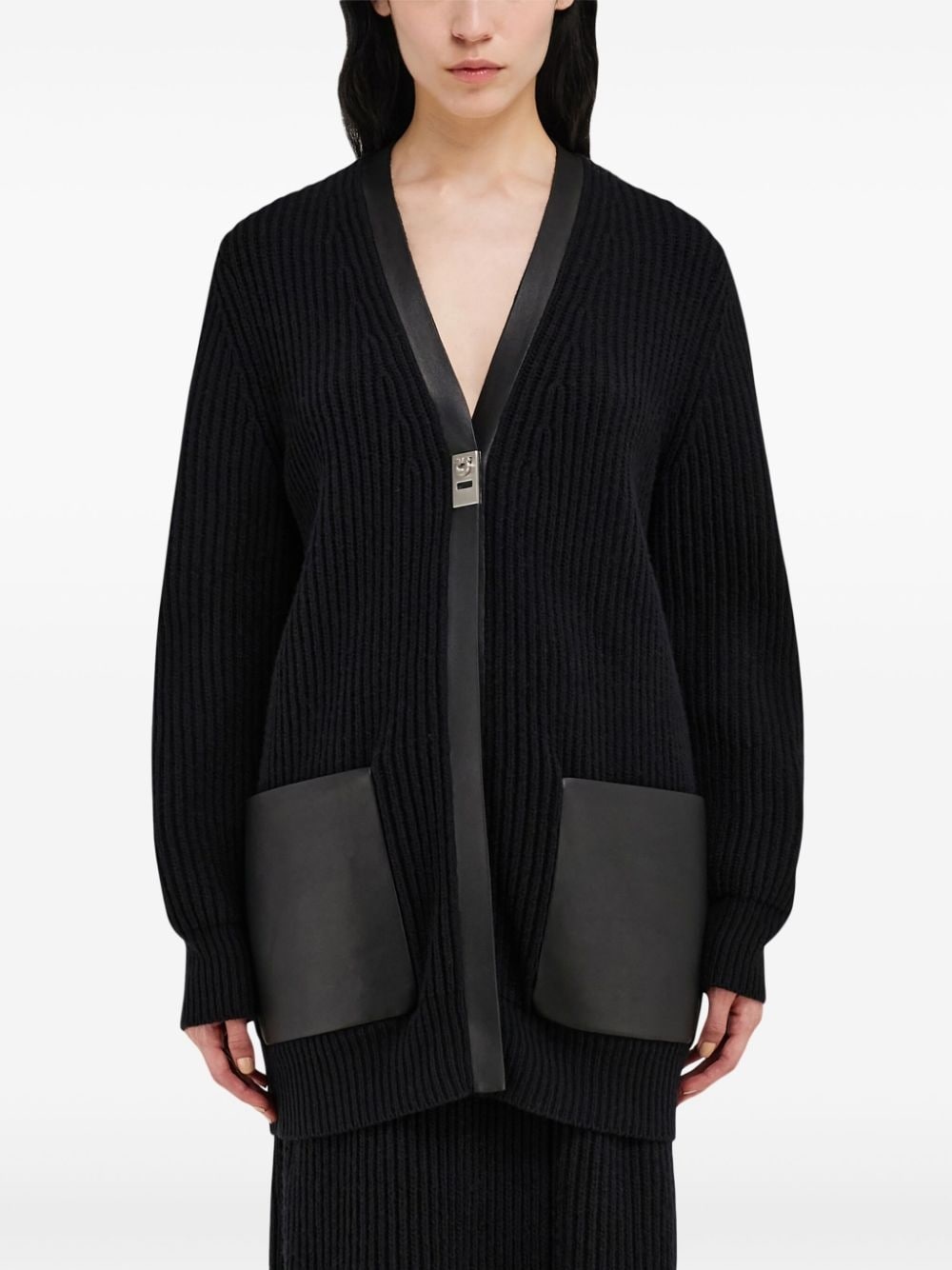 leather-trimmed cardigan - 3