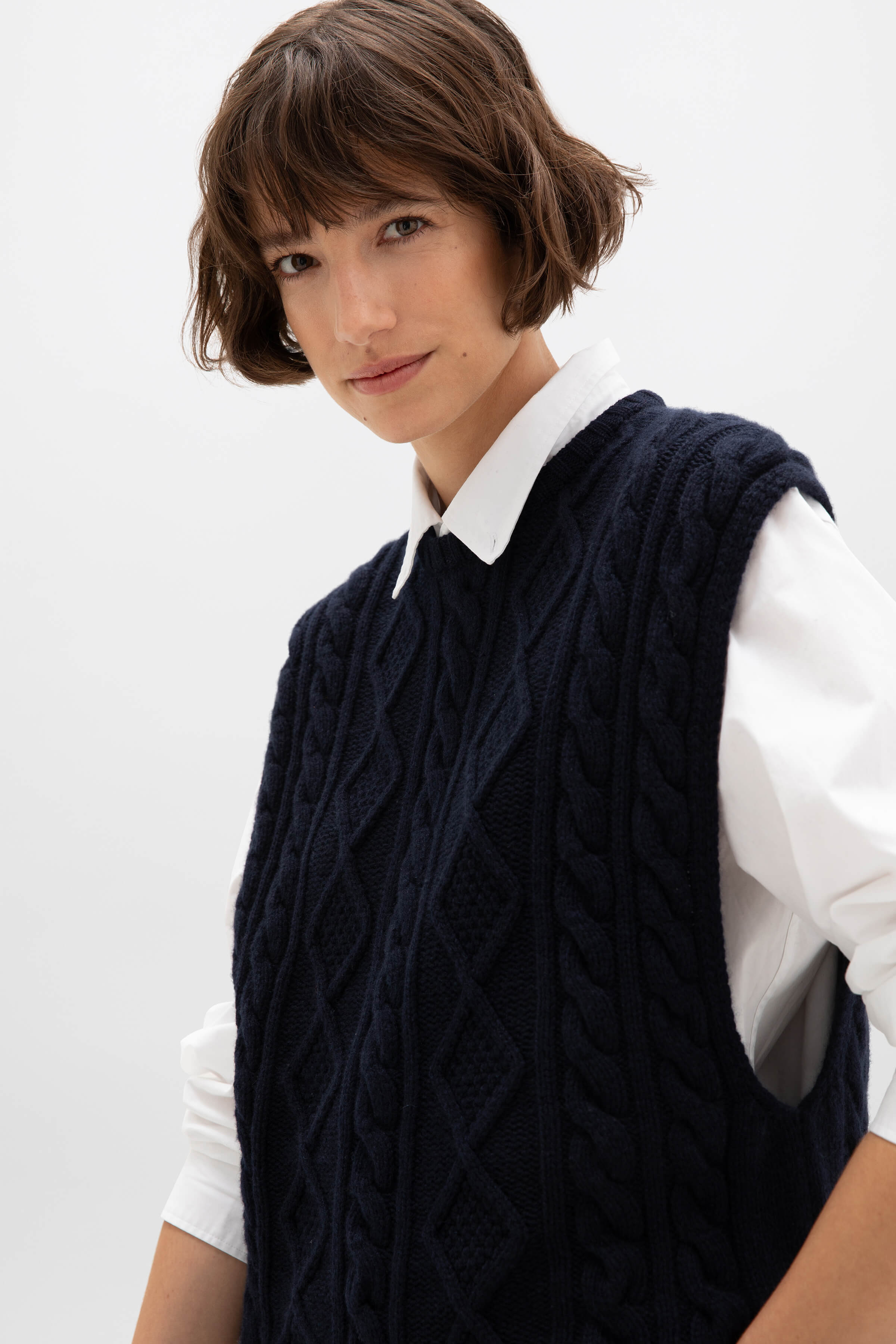 Aran Cable Knit Navy Cashmere Tank - 2