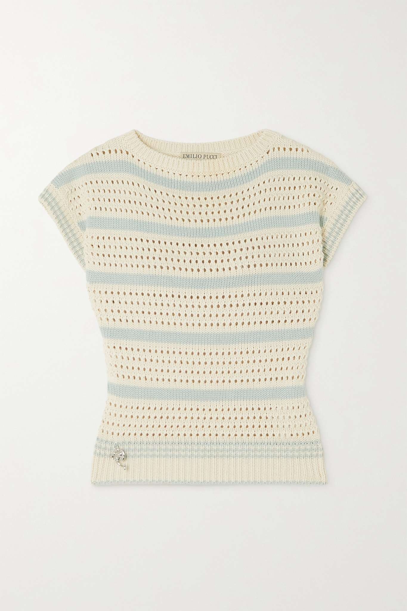 Cropped striped open-knit cotton-blend sweater - 1