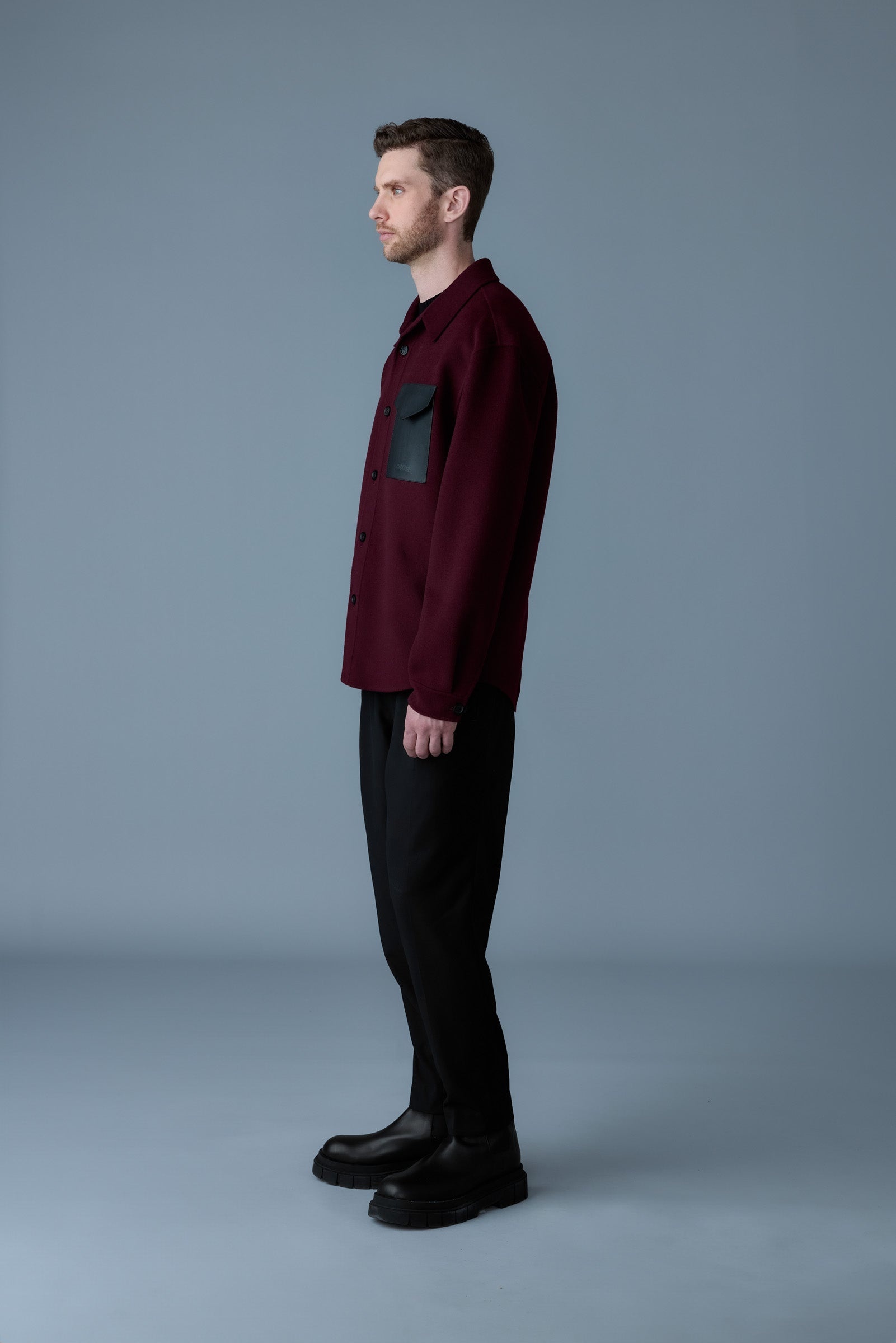 EMMANUEL Double-face wool overshirt with leather patch pocket - 3