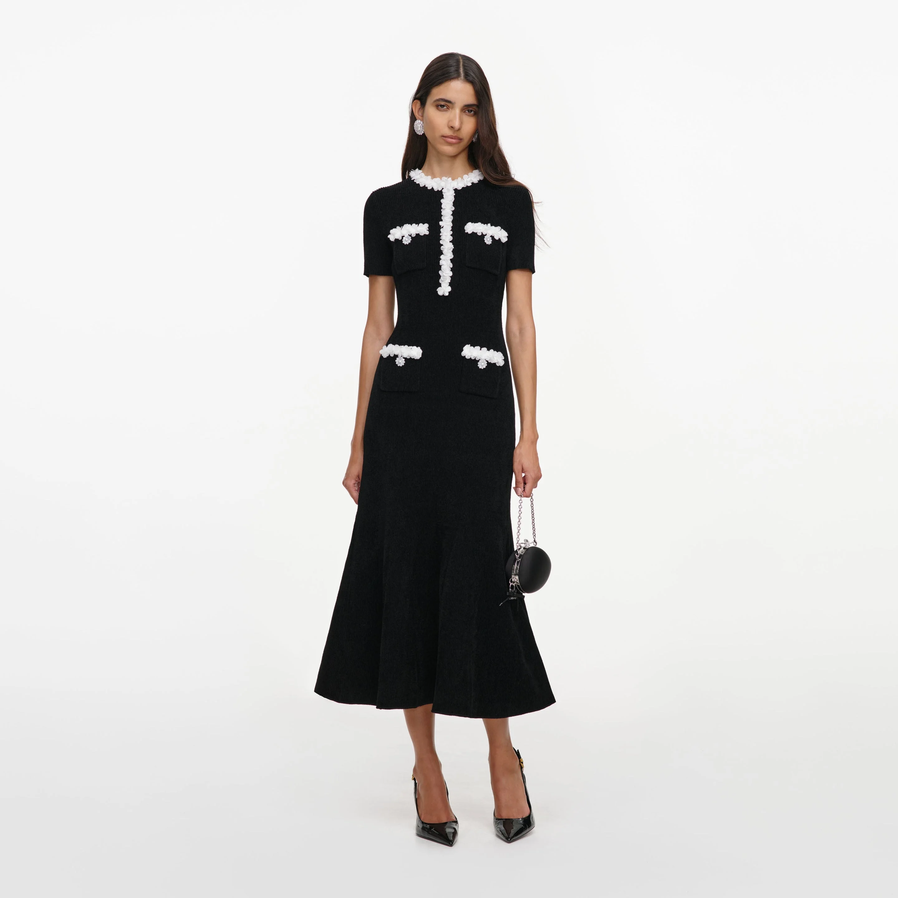 Black Chenille Knit Flower Trim Midi Dress - 1