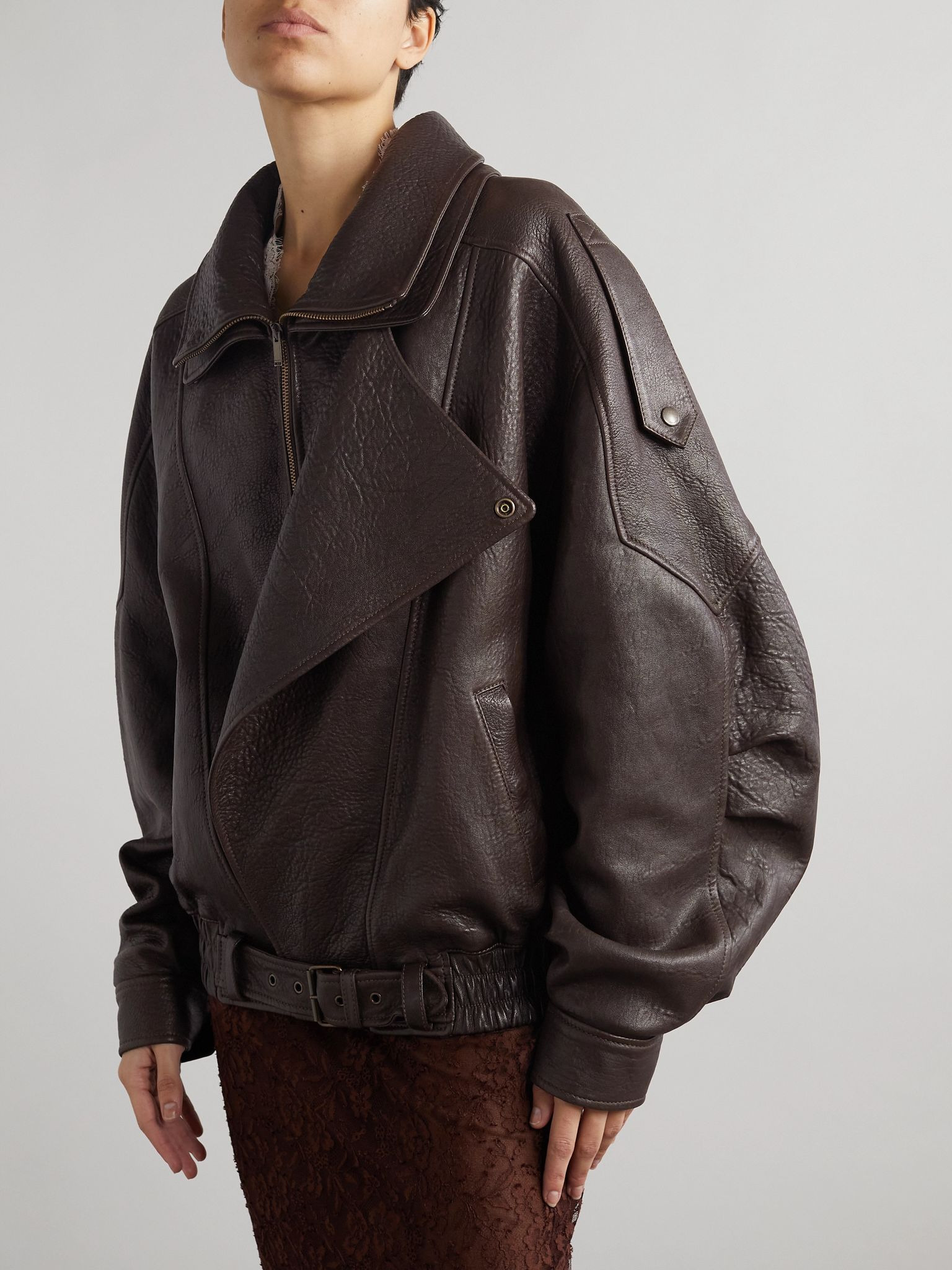 Oversized textured-leather jacket Dark brown - 3