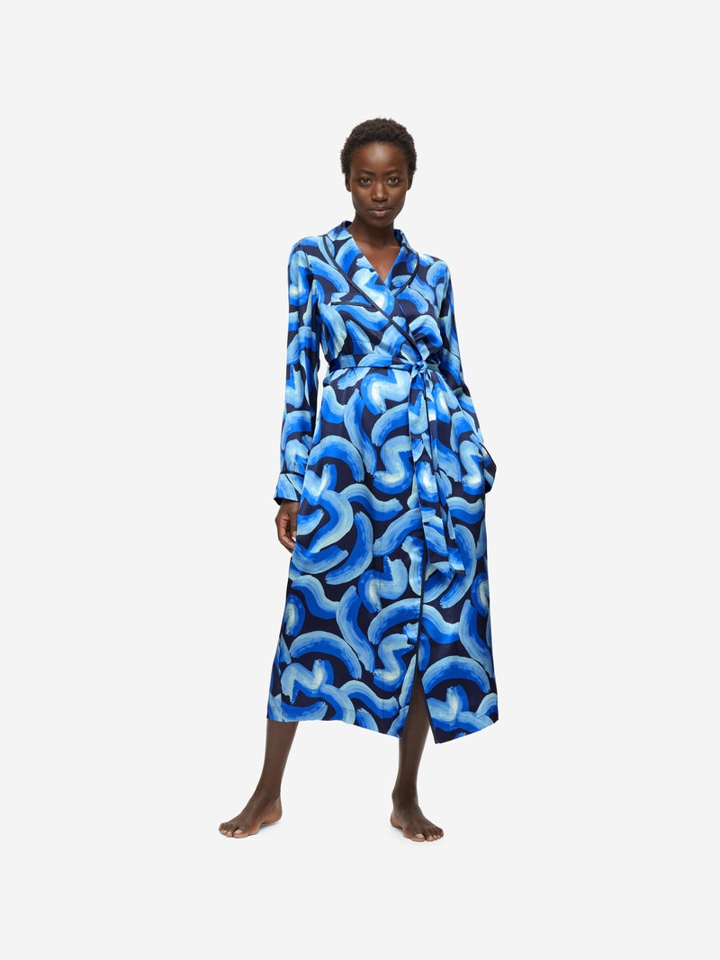 Women's Long Dressing Gown Brindisi 82 Silk Satin Blue - 3