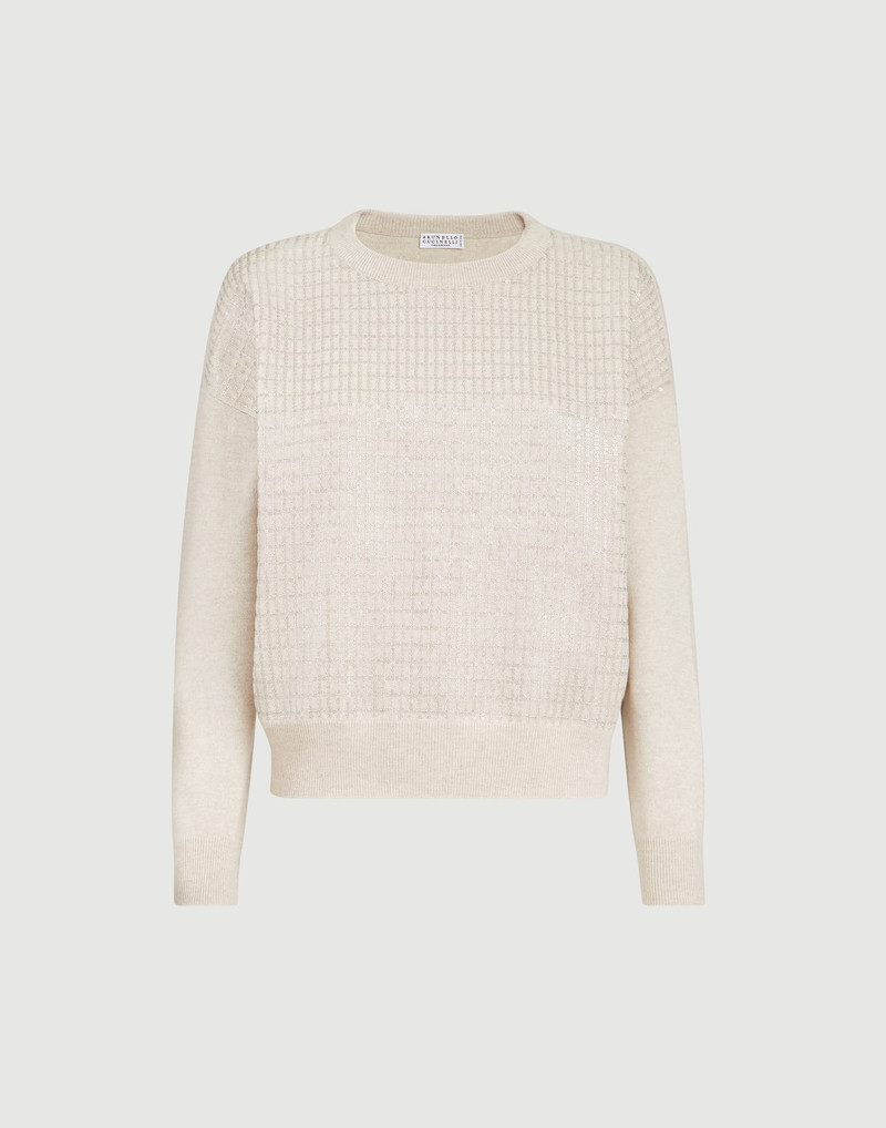 Virgin wool, cashmere and silk sweater with dazzling check embroidery 1