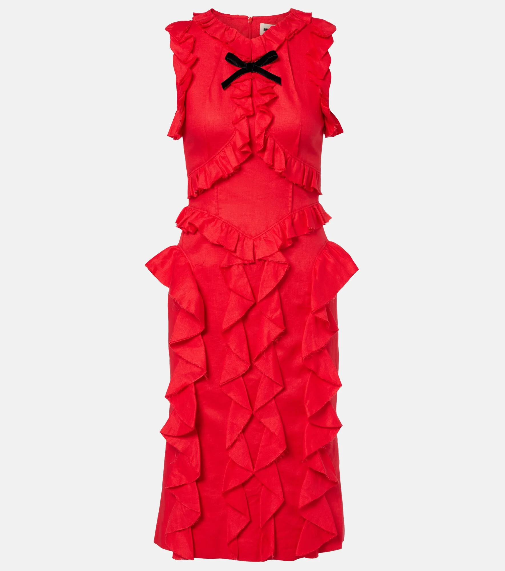 Bow-detail ruffled linen midi dress - 1
