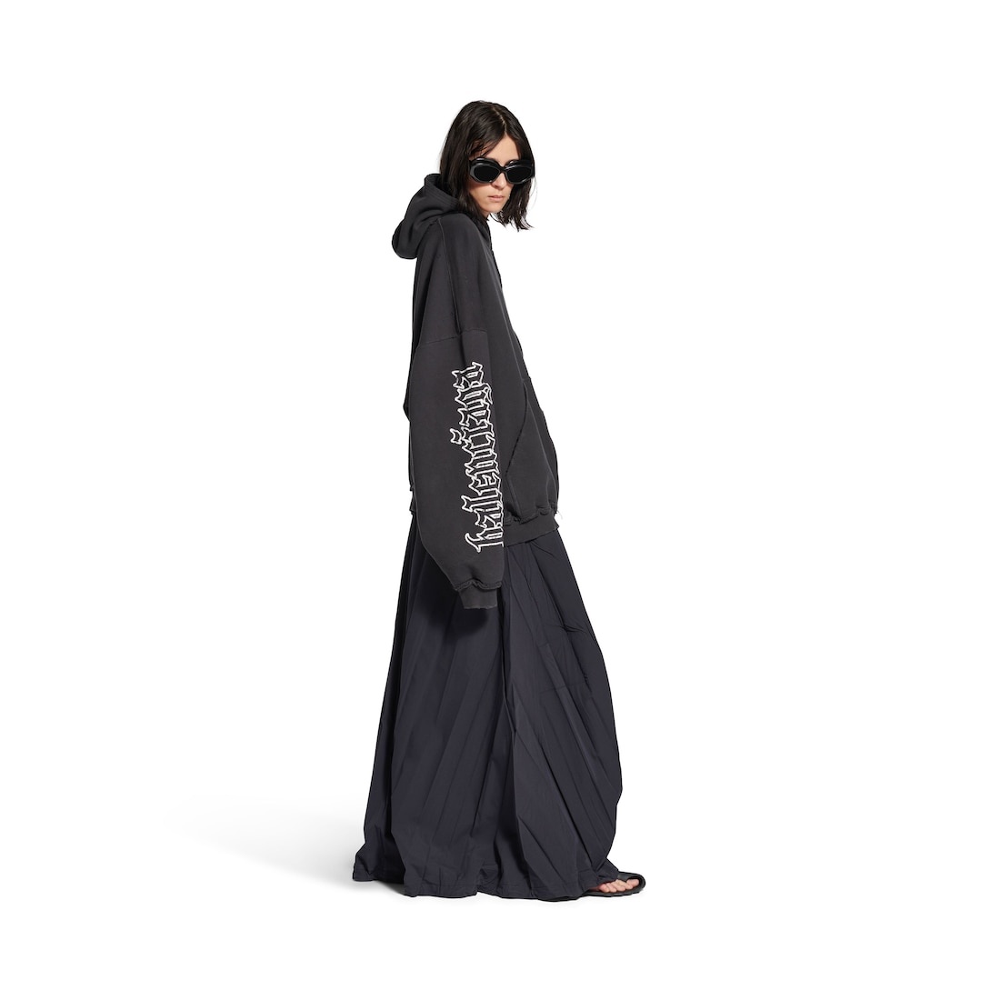 Blackletter Script Pulled Zip-up Hoodie Large Fit in Black Faded - 3