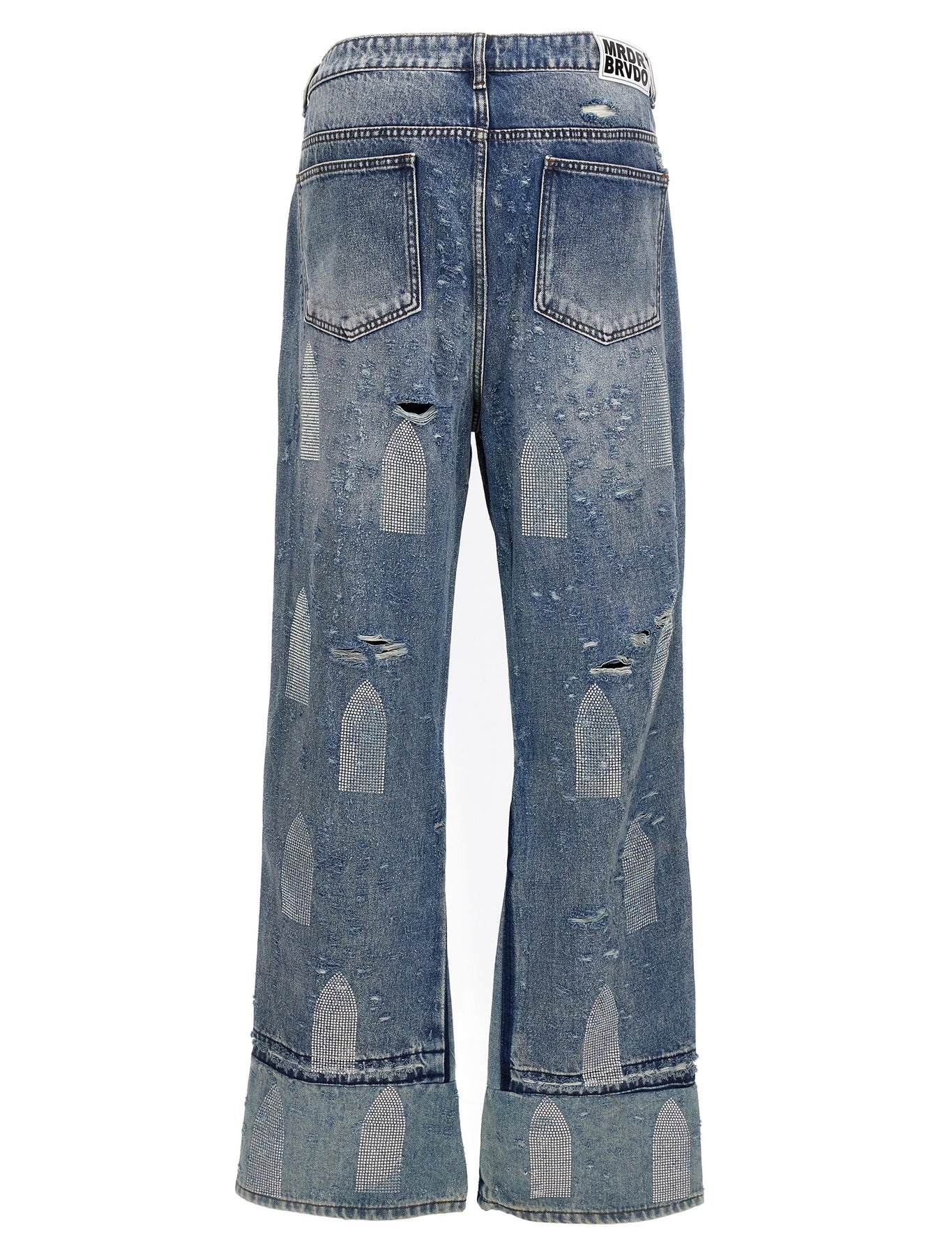 Rhinestone Washed Denim Jeans Light Blue - 2