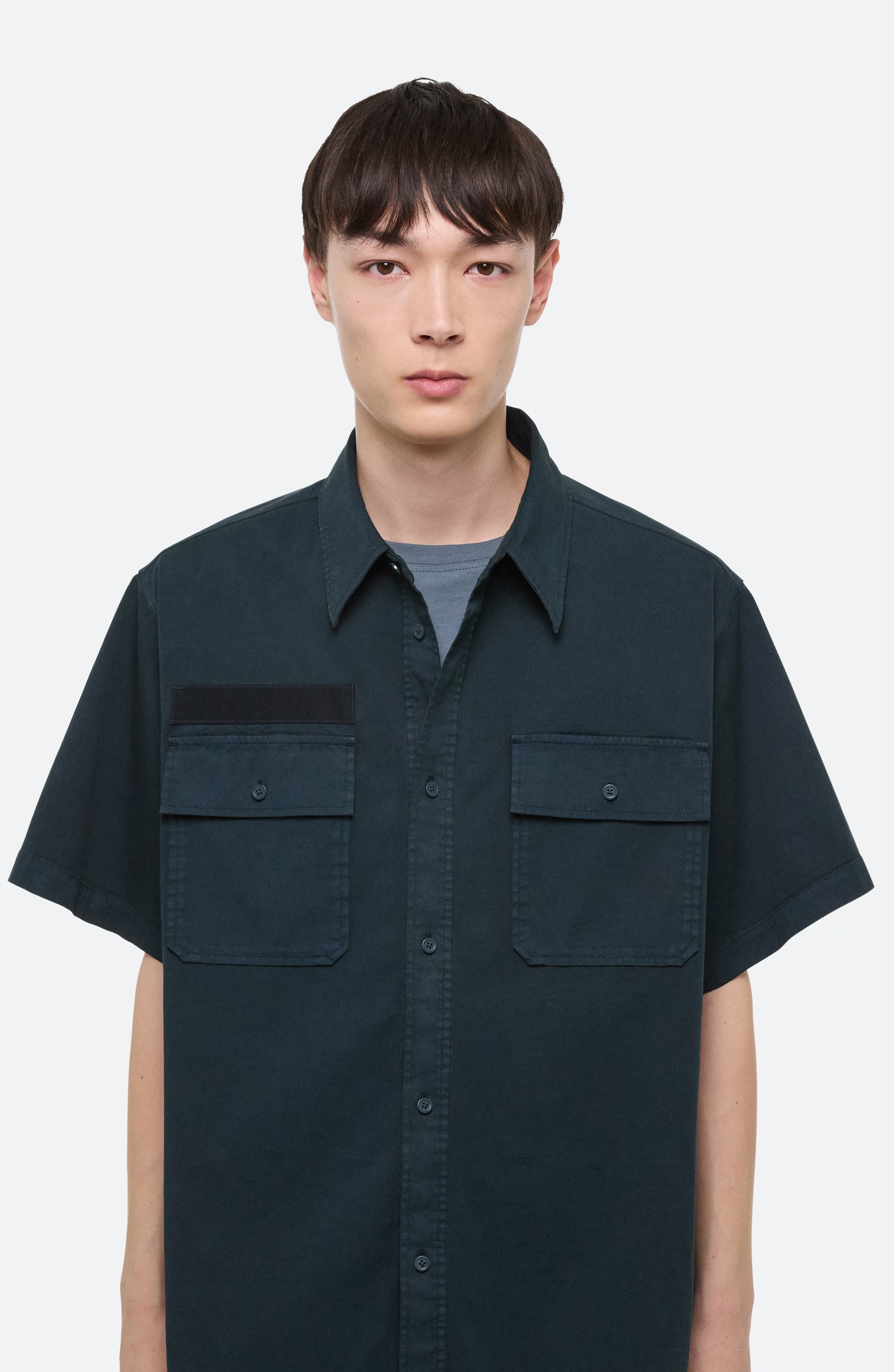 Helmut Lang GD Uniform Short Sleeve Stretch Twill Button Up Shirt in Pine at Nordstrom - 2