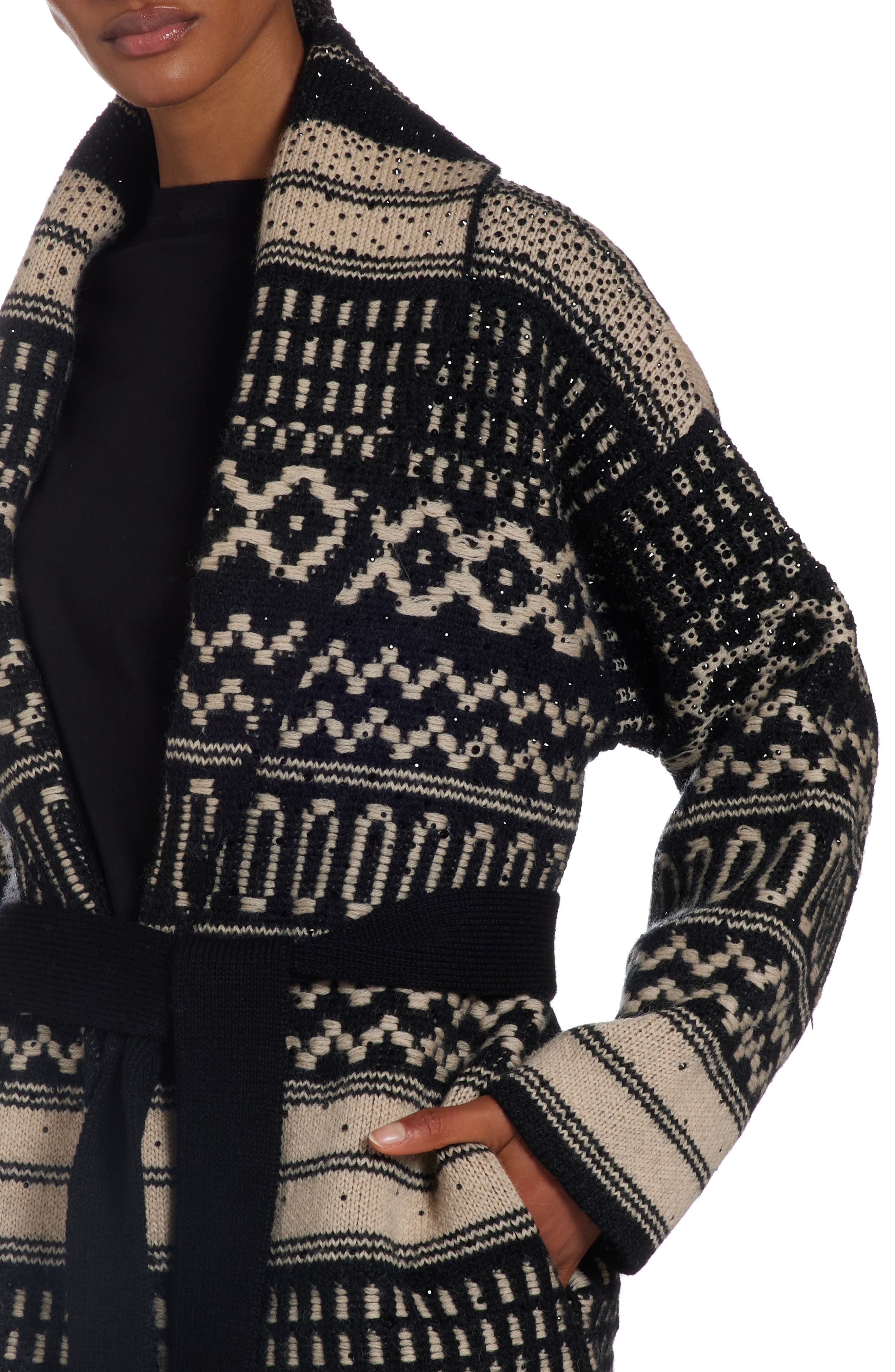 Golden Goose Studded Nordic Jacquard Wool Wrap Cardigan in Black/Ecru at Nordstrom - 5